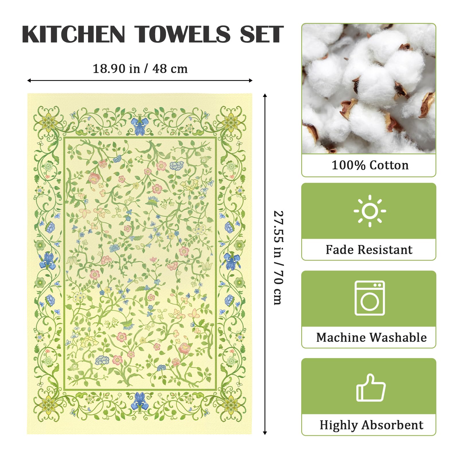 Arquiel Vintage Flower Tea Towels, Cotton Kitchen Towel 18.9    27.5 Inch, Quick Drying Dish Cloth For Party Anniversary Holiday