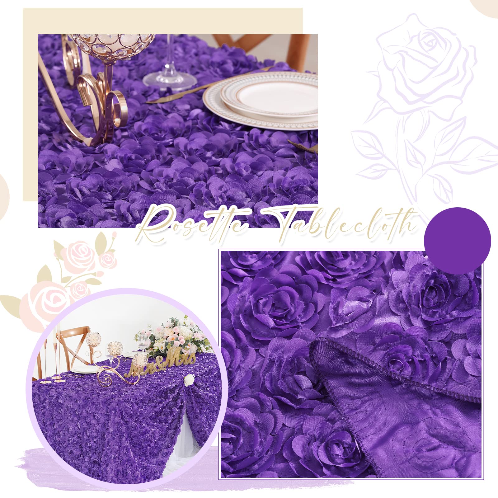Fanqisi Purple Tablecloth 90X156 Inches Rosette Satin Tablecloth Birthday Party Table Cover Bridal Shower Table Decor Halloween
