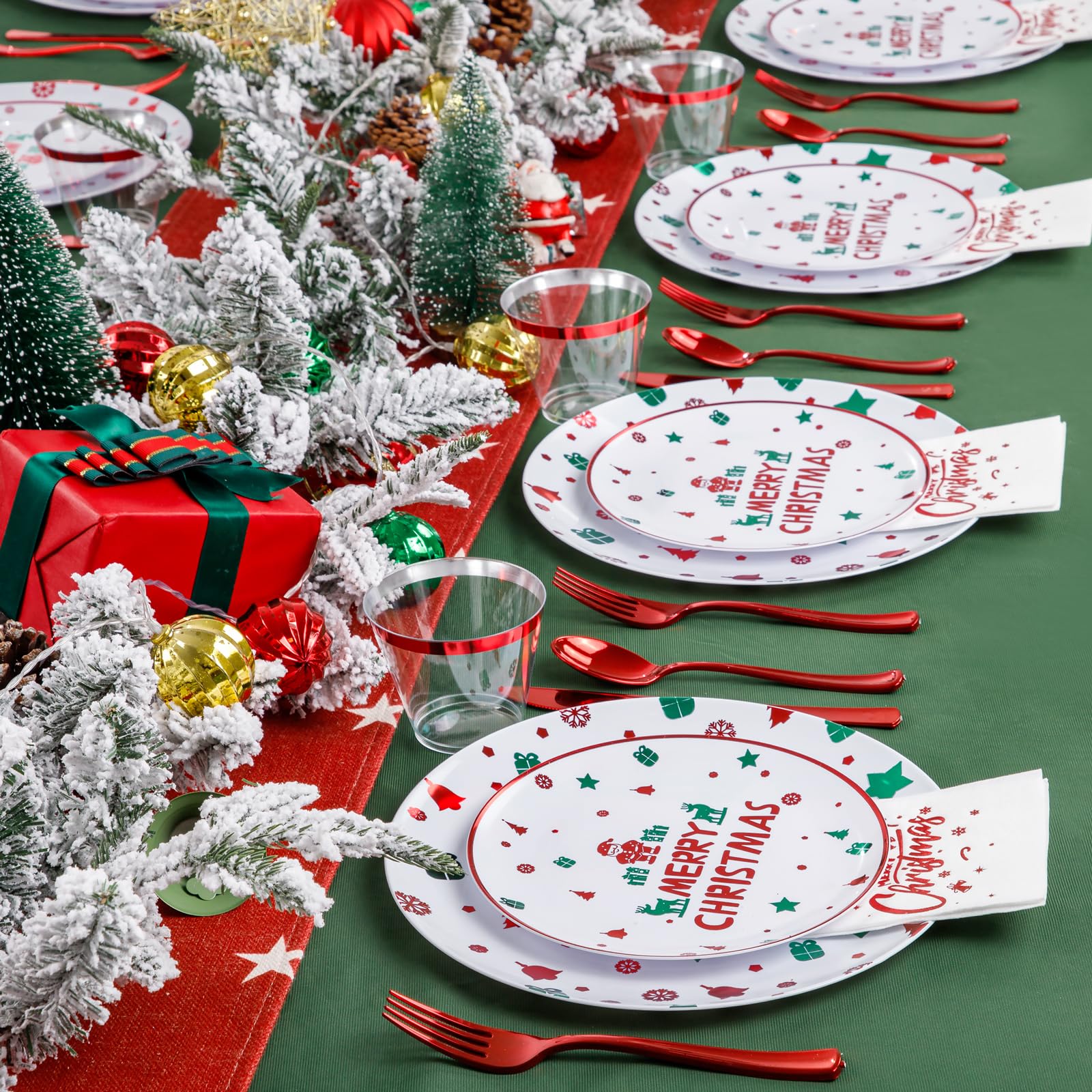 Sut 175 Pcs Christmas Plastic Plates, Christmas Party Plates And Cups And Napkins Sets For 25 Guests,Red Christmas Plates Dispos