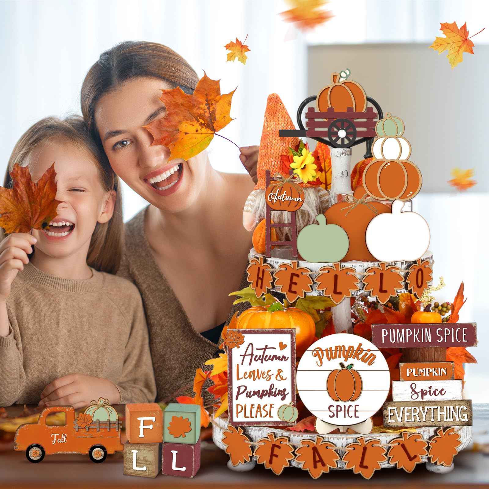 Maitys 21 Pcs Thanksgiving Tiered Tray Decor Set Fall Pumpkin Gnome Truck Scarecrow Wood Sign Rustic Farmhouse Decor Hello Fall