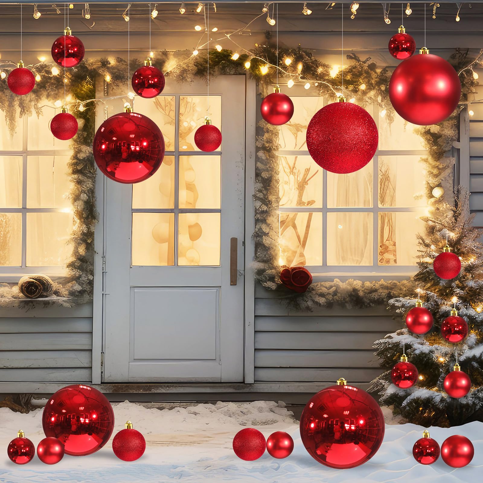 Marsui 24 Pcs Giant Christmas Balls Ornaments Extra Large Outdoor Red Christmas Ornament 8'' 6'' 3'' 2'' Large Xmas Balls Bulk P