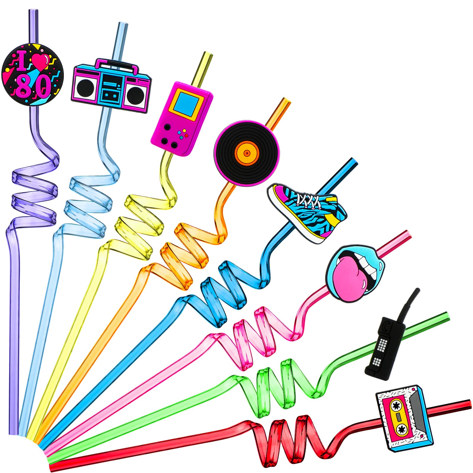Vesici 80S Party Decor Retro Straw Hip Hop Theme 80S Party Silly Drinking Straws I Love 80S Radio Boombox Mobile Phone Straw Dec