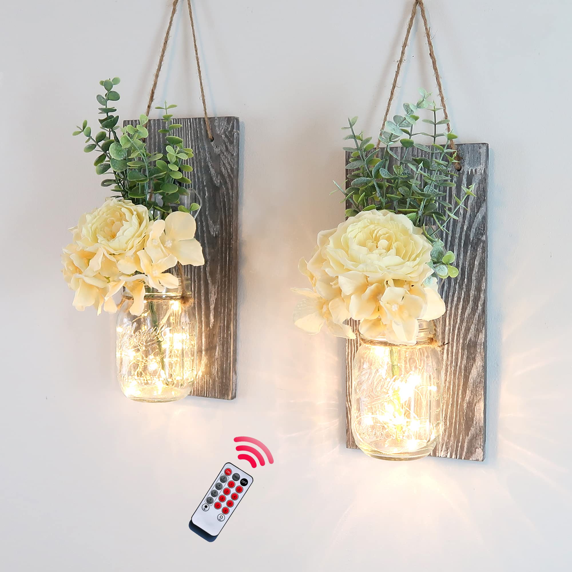 Besuerte Mason Jar Wall Sconces With Remote Farmhouse Wood Wall Art Decor For Home Living Room Bedroom Decorations With Rose Bou