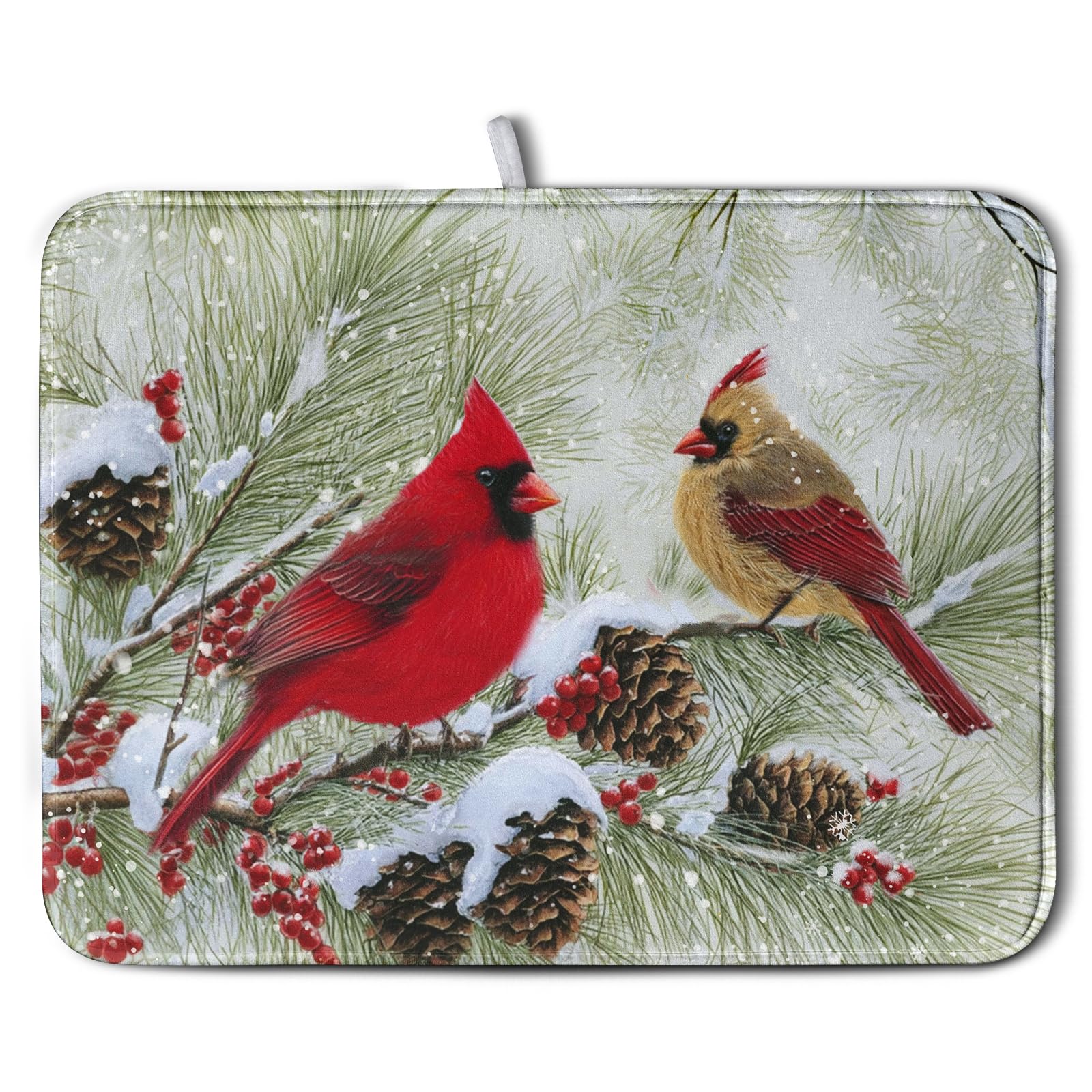 Kwlegh Winter Dish Drying Mat for Kitchen Counter 18x24 Inch Christmas Red Birds Drying Mats Xmas Holiday Microfiber Absorbent D