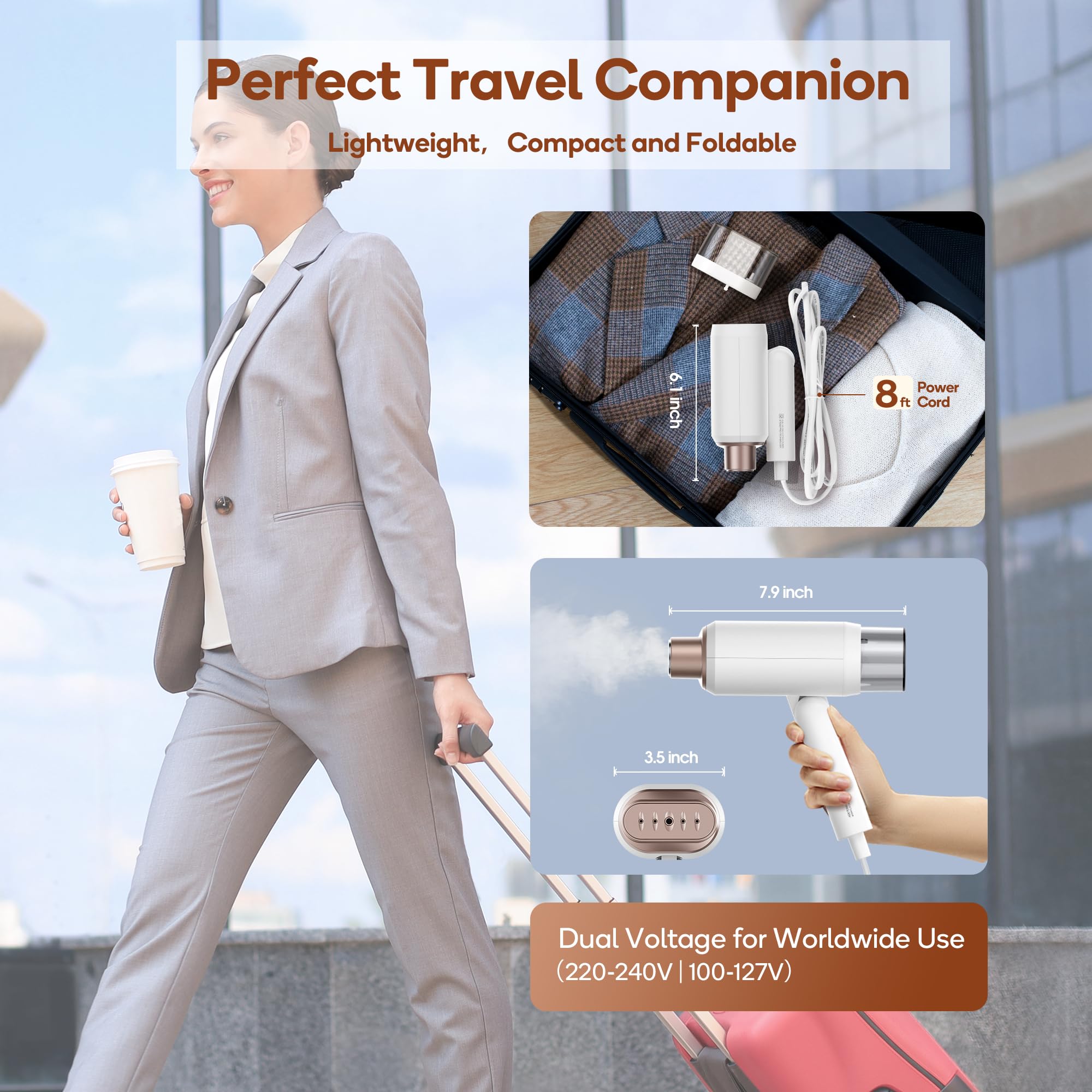 Newbealer Dual Voltage Travel Steamer - 120V/220V Handheld Steamer For Clothes, 1200W Horizontal & Vertical Steaming, 20S Heat-U