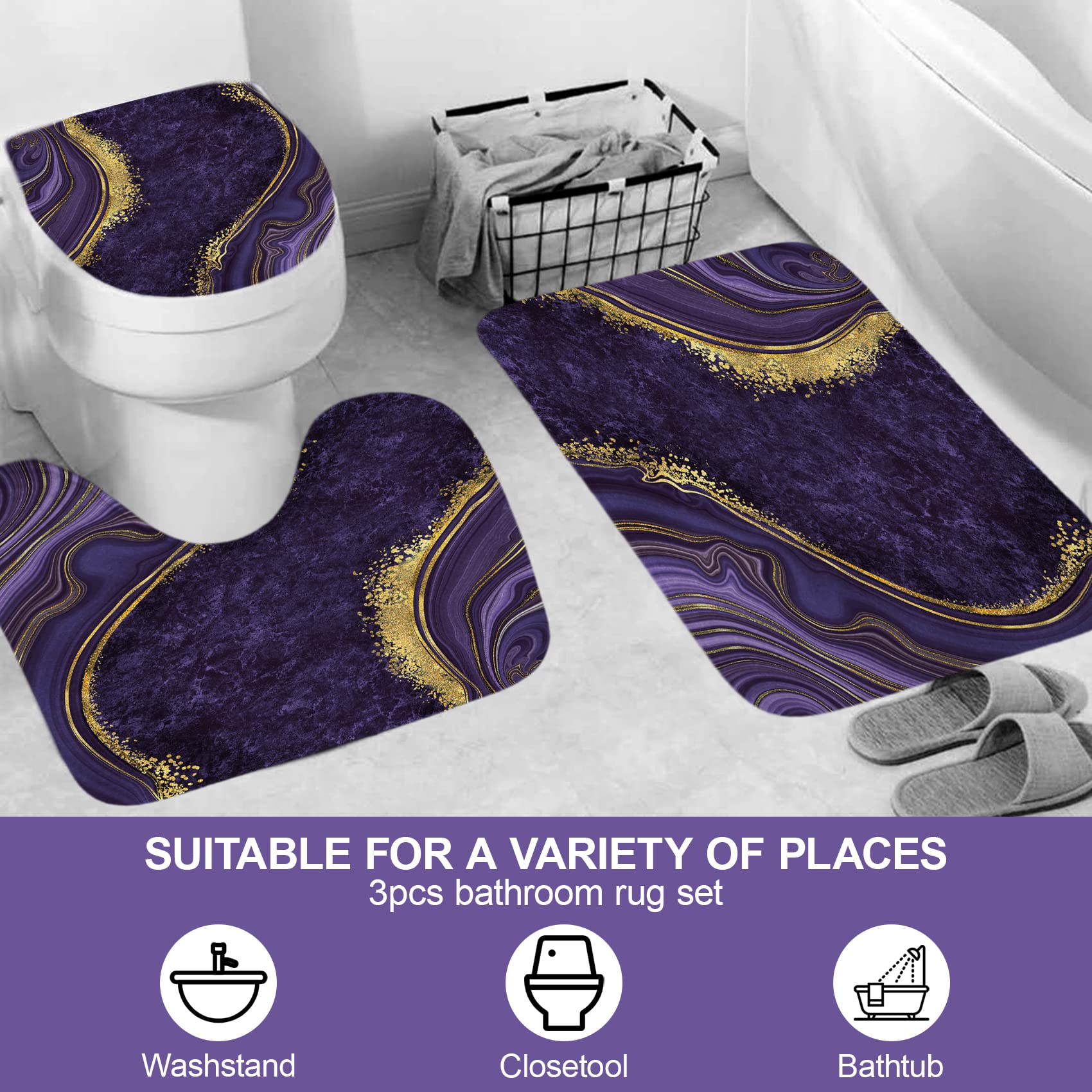 beifivcl 4Pcs Luxury Marble Shower Curtain Sets  Bathroom Sets with Shower Curtain  Toilet Lid Rug  Bath Mat and Contour Mat  Shower Curtain with 12 Hooks for Bathroom Set Decor 72 x 72 Inch  Purple
