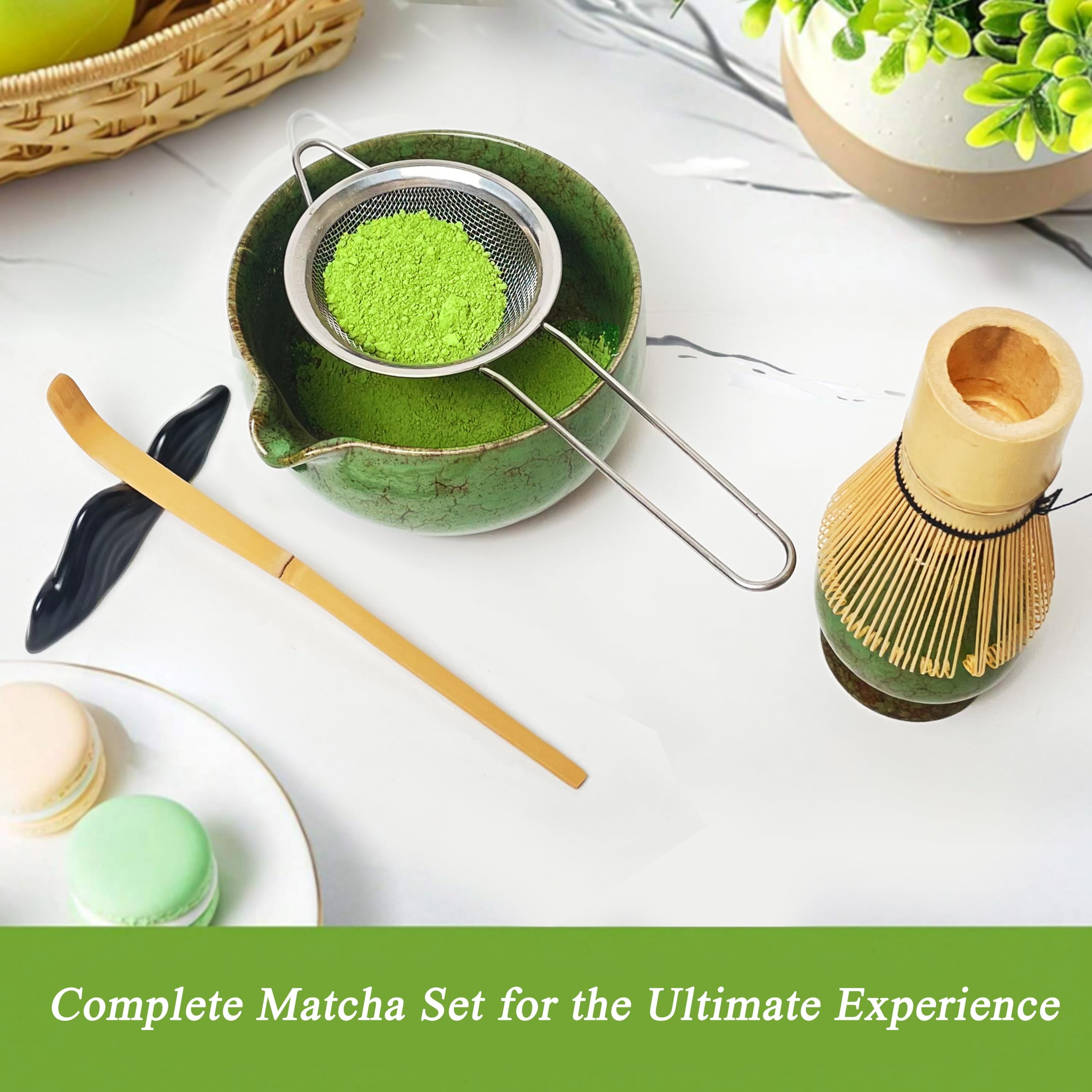 Aiyiciii Matcha Whisk Set (7Pcs) - Matcha Set With Whisk,Pouring Spout Bowl,Chasen Holder,Powder Sifter,Bamboo Scoop With Stand,