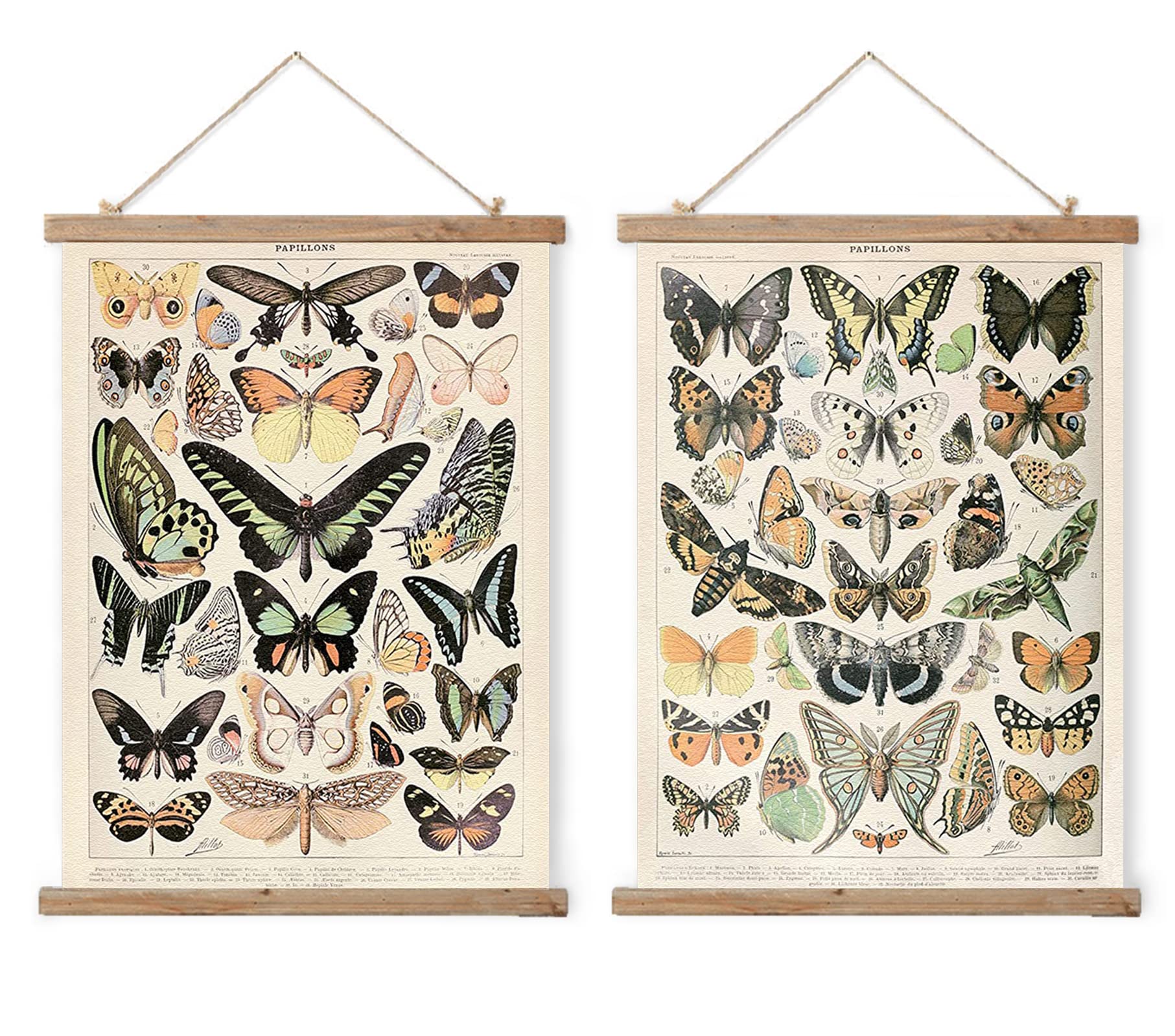 2 Pack Vintage Butterflies Poster Hanger Frame, Retro Style Of Wall Art Prints, Printed On Linen With Wood Frames, Ready To Hang