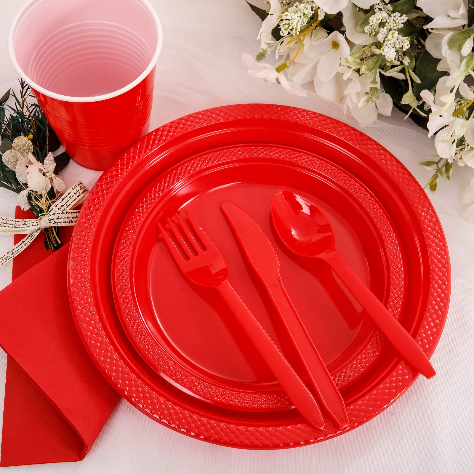 Mirthmood 350Pcs Red Disposable Plastic Plates,Valentines Day Plates Includes 50 Dinner Plates, 50 Salad Plates, 50 Sets Of Red