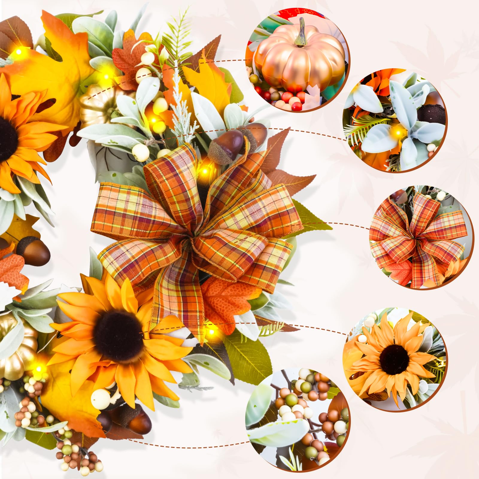Fall Wreaths for Front Door,Sunflower Autumn Wreath with Lights,Pumpkins and Bows,for Thanksgiving Halloween Farmhouse Indoor Ou