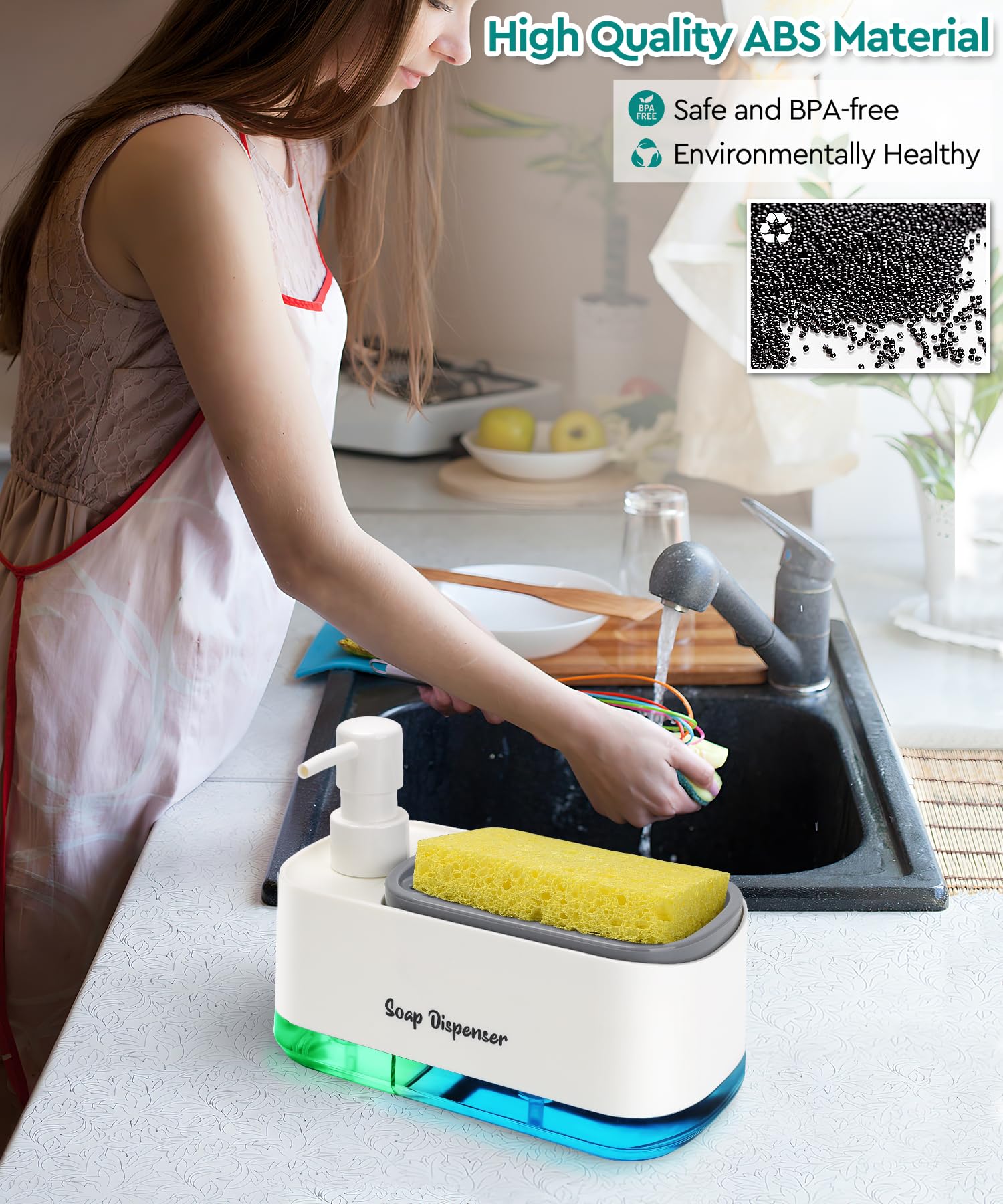 Kitchen Dish Soap Dispenser Set,Dish And Hand Soap Dispenser With Sponge Holder, 3-In-1 Countertop Sponge Dual Soap Pump Dispens