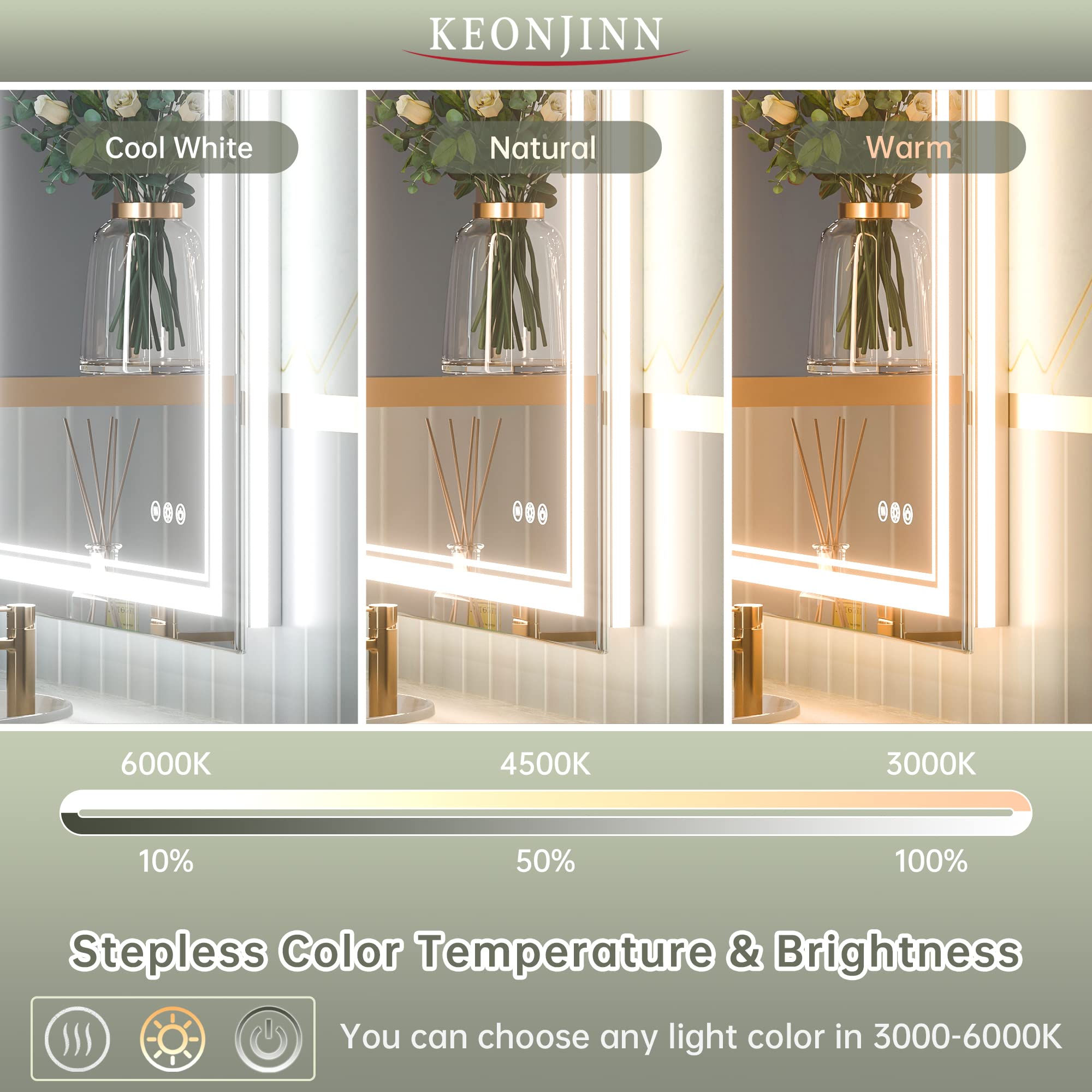 Keonjinn Led Bathroom Mirror With Lights, 28'' X 36'' Frontlit And Backlit, Stepless 3 Colors Temperature & Dimmable Wall Mirror
