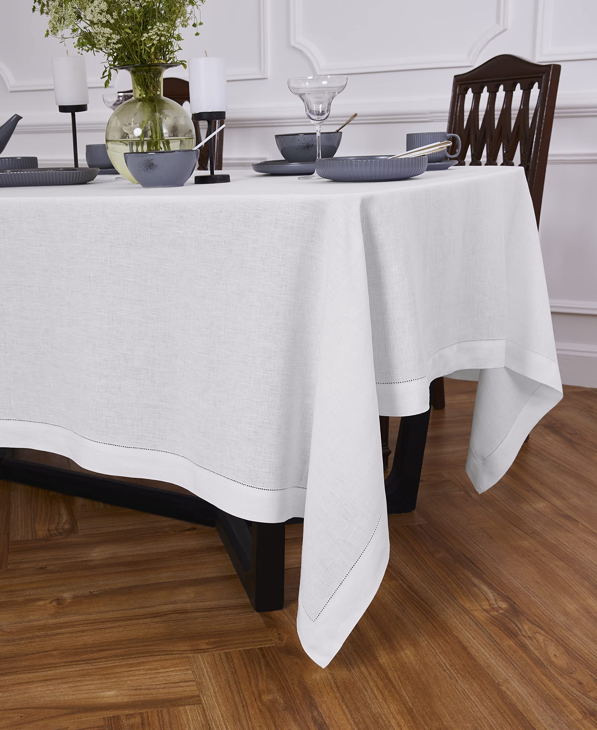 Solino Home White Linen Tablecloth 108'' L X 70'' W Inch - Sonoma Hemstitch 100% Pure Linen Prewashed Table Cloth For Rectangle