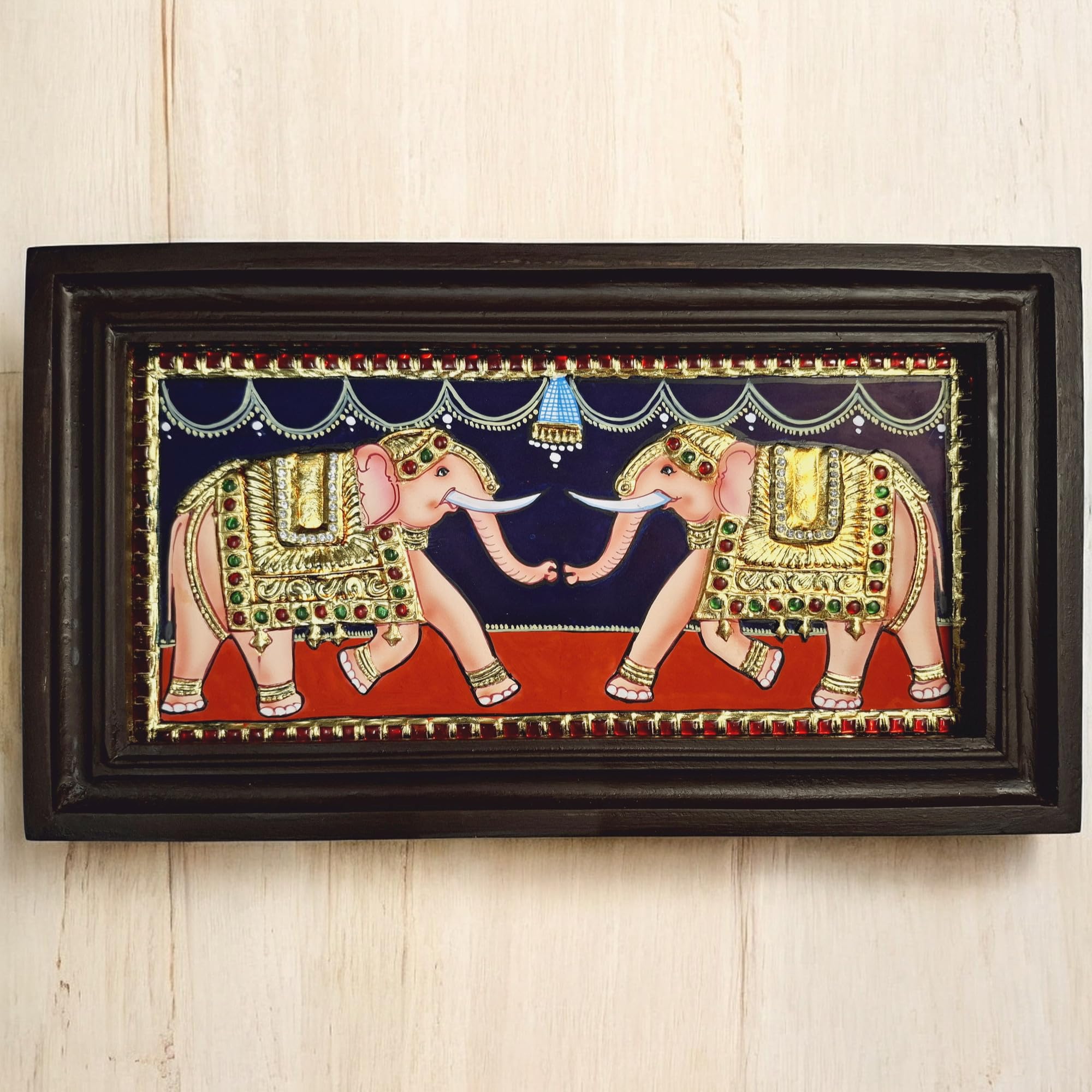 Jline Arts Elephant Tanjore Painting, 22 Carat Gold Foils With Wall Hanging (35 Cm X 19 Cm) With Teakwood Frame