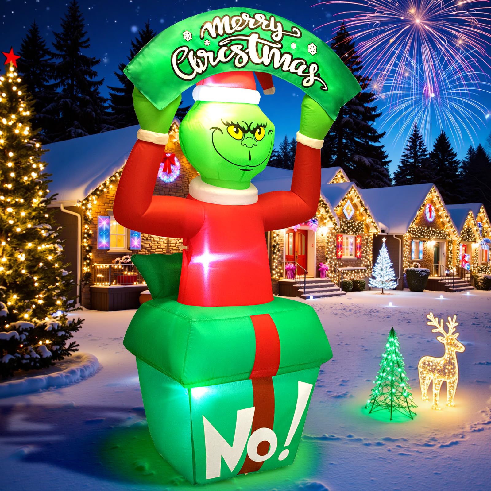 6FT Christmas Inflatable Outdoor Decoration, Funny Green Monster in Gift Box Holding Merry Christmas Sign, Built-in 3 LED Lights