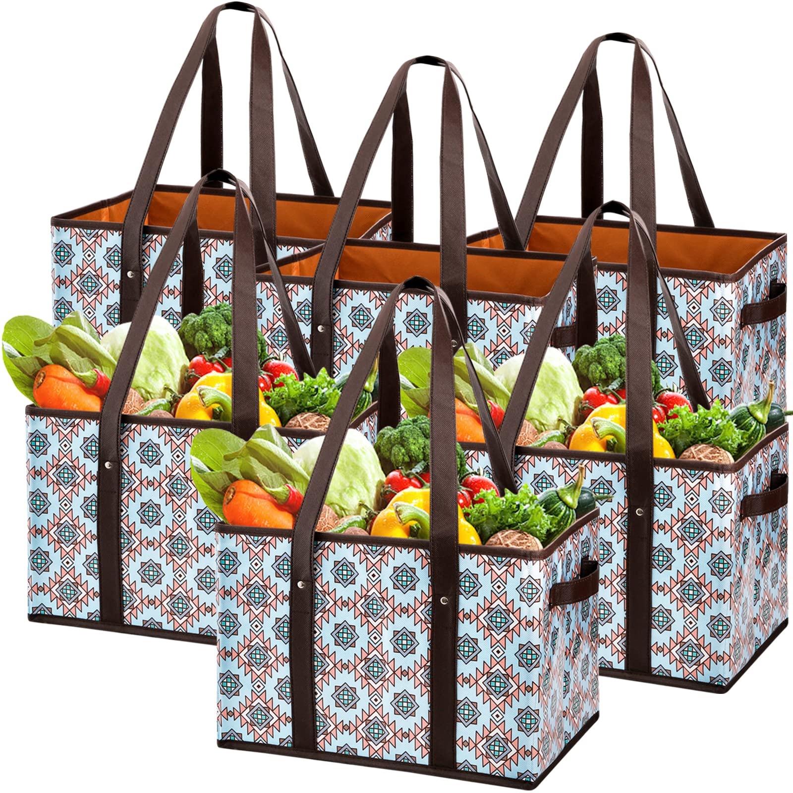 Foraineam 6 Pack Reusable Grocery Shopping Box Bags, Durable Heavy Duty Grocery Totes Bag With Reinforced Bottom, Collapsible St