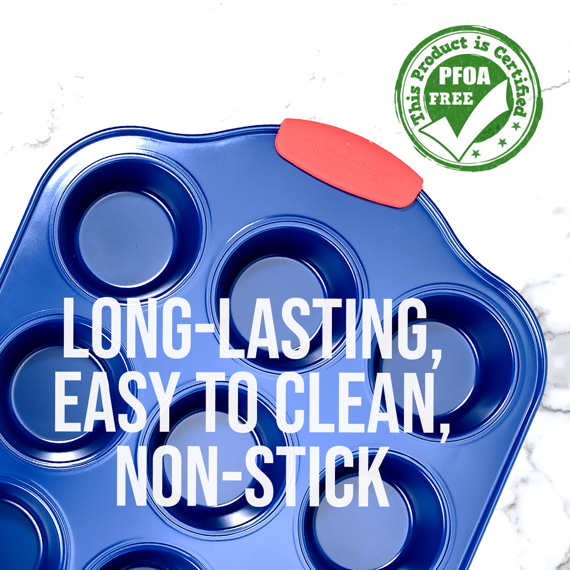 NutriChef 16” 12 Cup Blue Carbon Steel Muffin Pan with Red Silicone Handles, Model BKNCSBSBL6MUFP, Non-Stick Bakeware