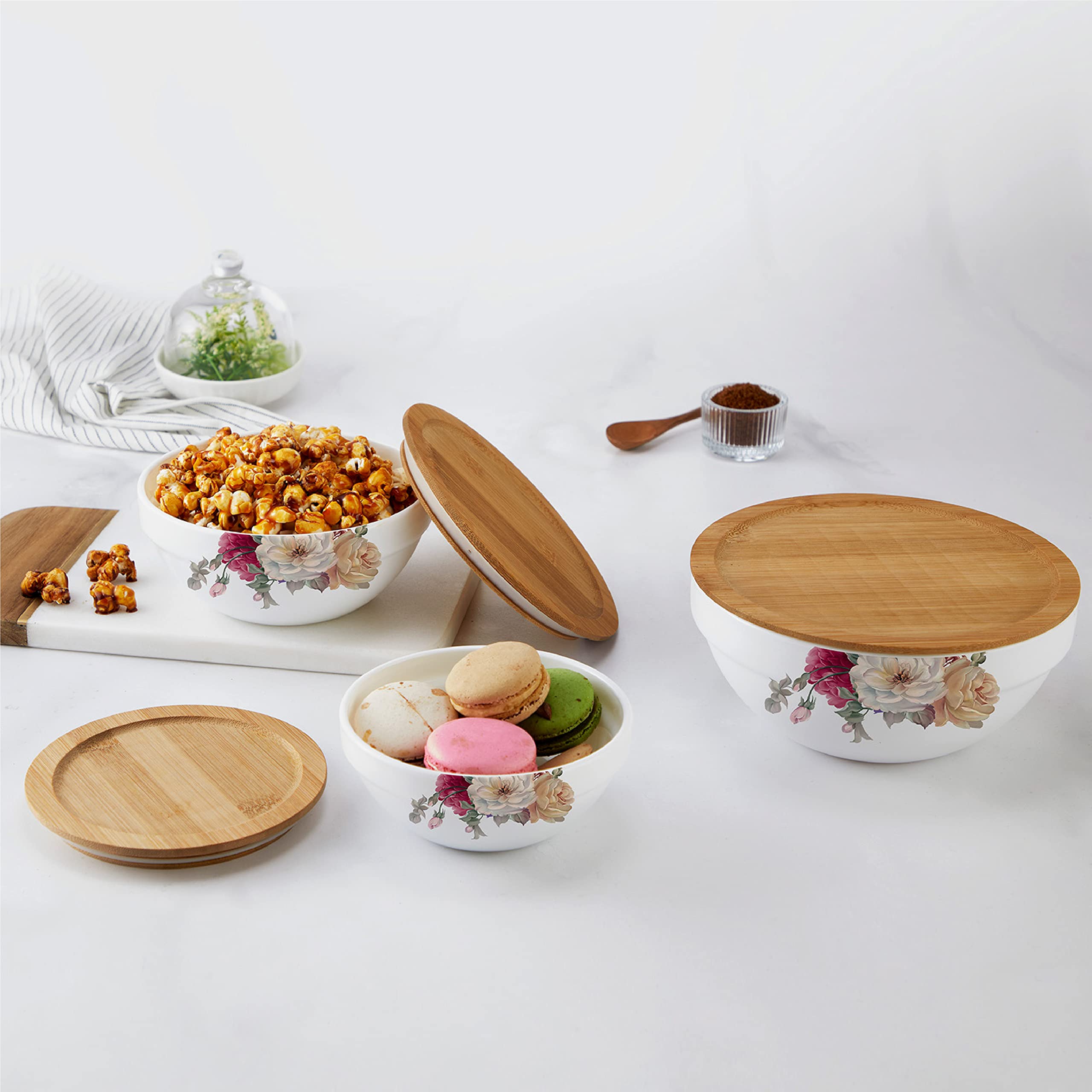 Cello Opalware Royale Mixing Bowl Set With Bamboo Lid - Millenia 500Ml, 1000Ml, 1500Ml, White, 3 Units