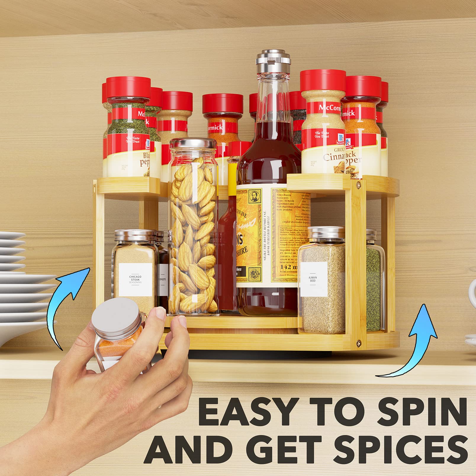Spaceaid 2 Tier Bamboo Spice Rack Organizer, Lazy Susan Turntable For Cabinet, Home Kitchen Spices Spinning Rotating Shelf Racks