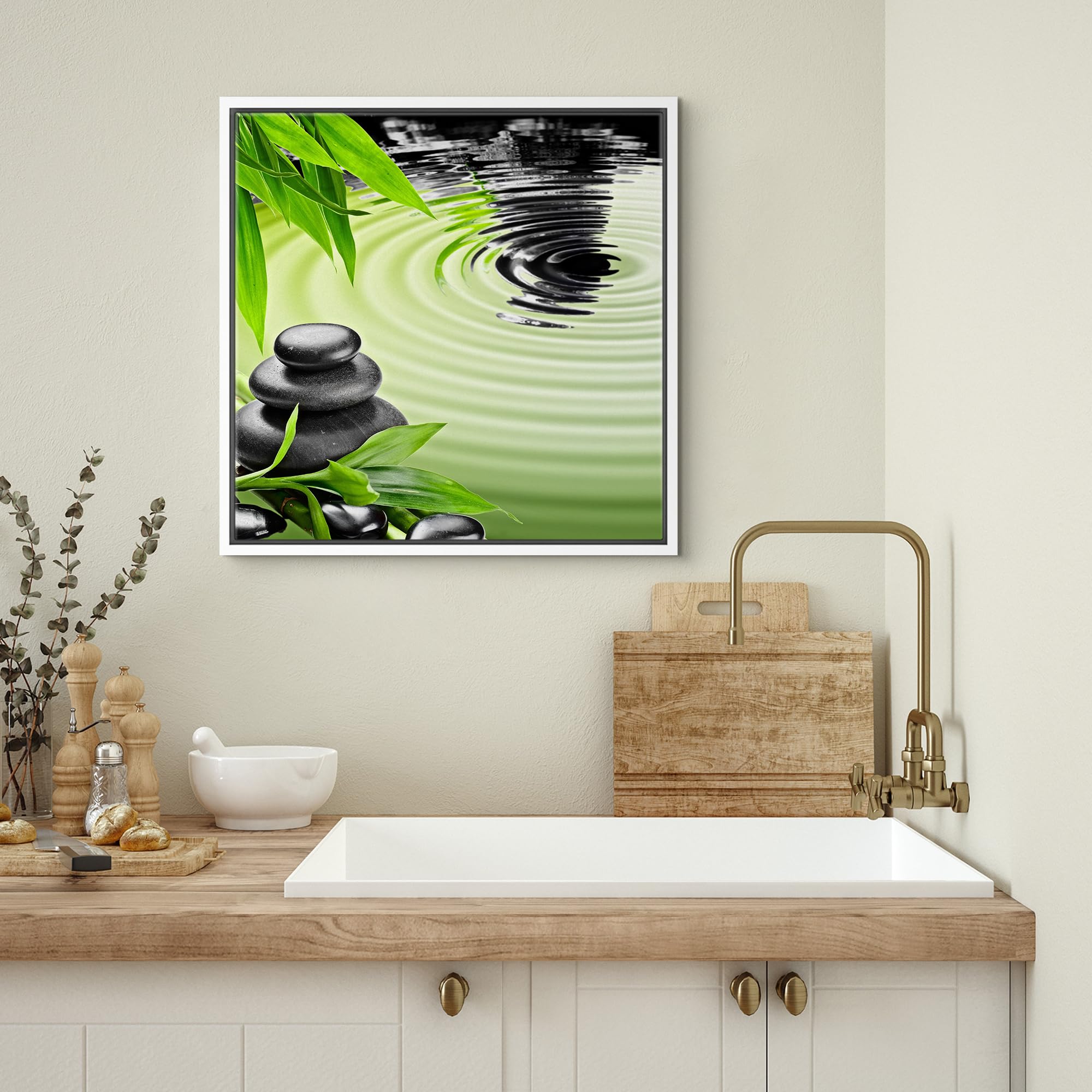 Wall26 Framed Canvas Print Wall Art Black Zen Basalt Stones With Bamboo Floral Nature Digital Art Modern Art Rustic Scenic Relax