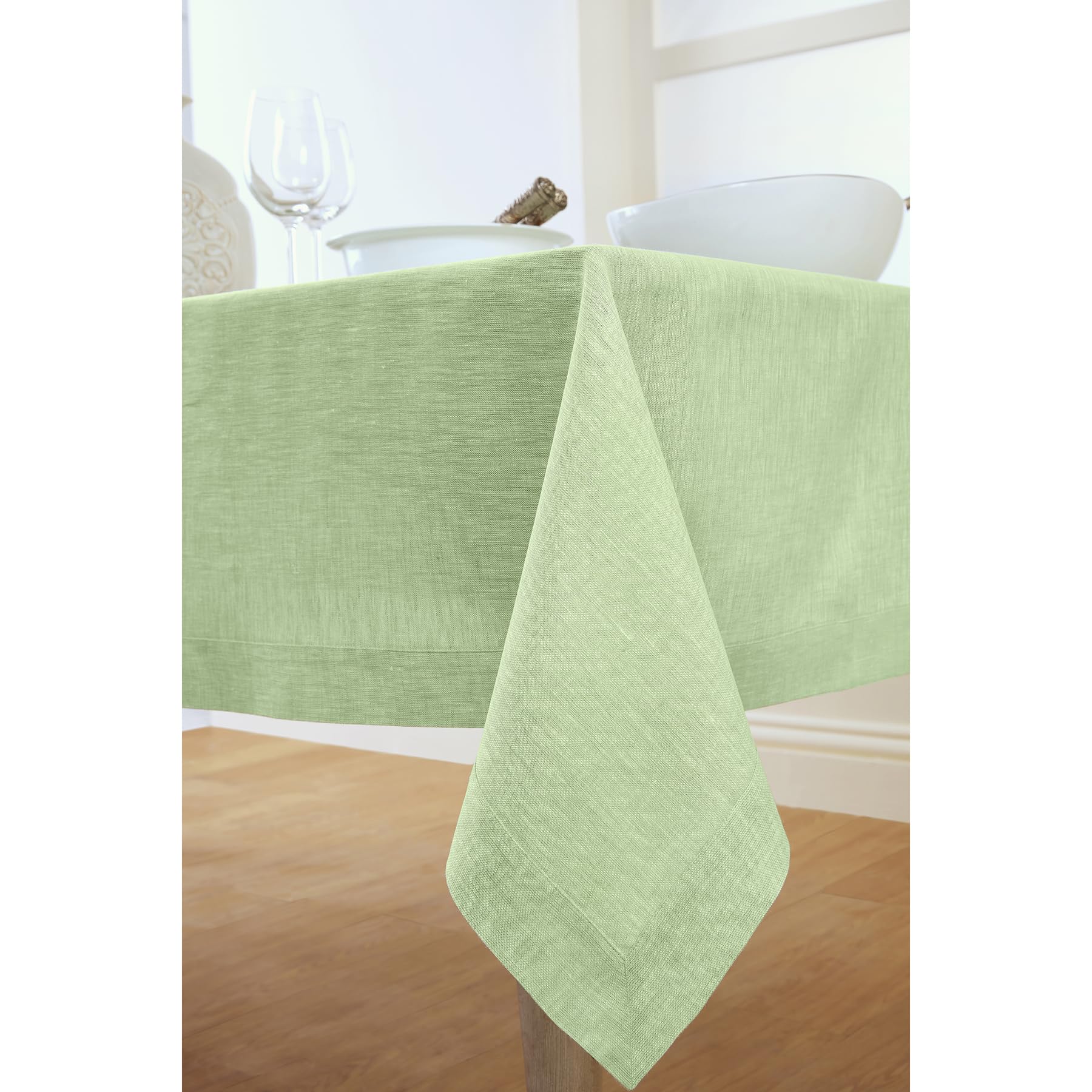 Solino Home Linen Tablecloth 108'' L X 60'' W Inch - 100% Pure Linen Chambray Green Table Cloth For Rectangle Tables - Athena, M
