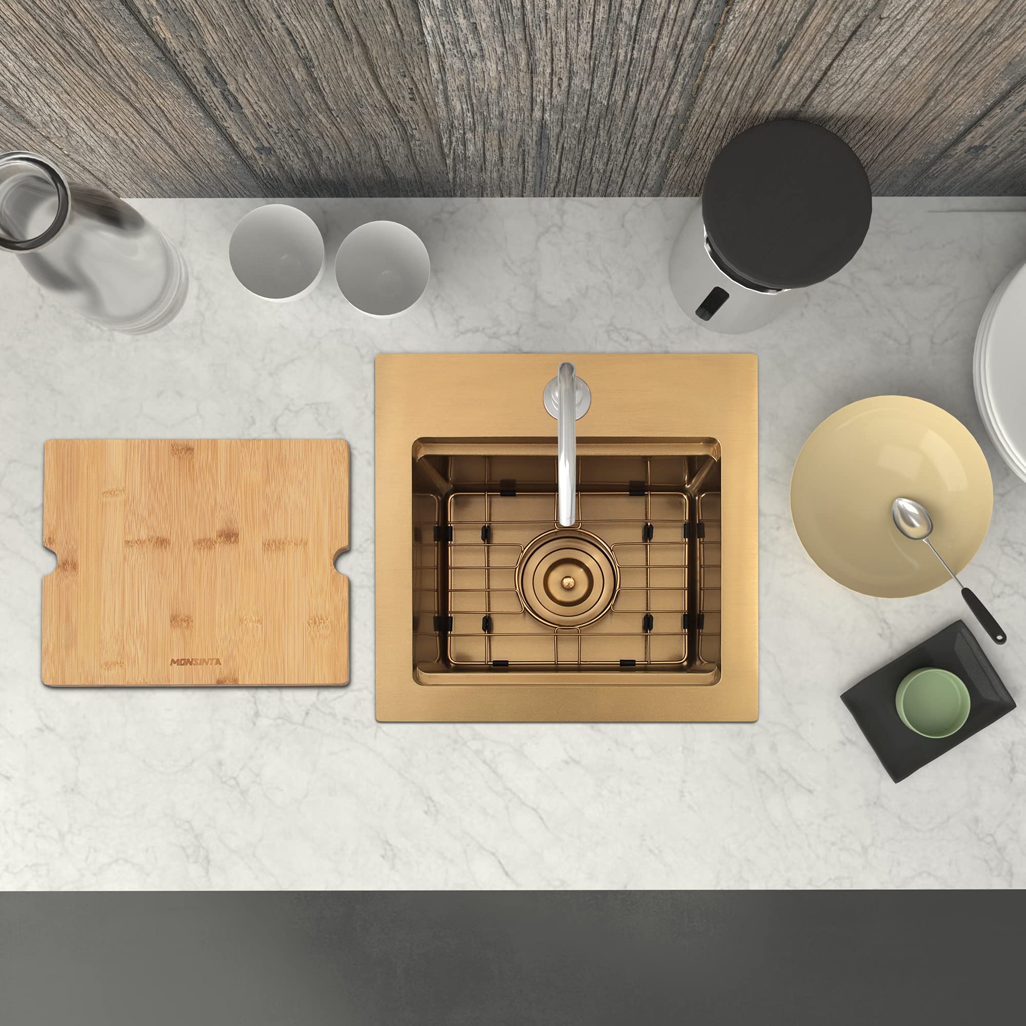 Monsinta Gold Bar Sink, Top Mount Bar Sink, 15'' X 15'' Small Single Bowl Bar Sink, Rv Sink, 16 Gauge Stainless Steel Workstatio