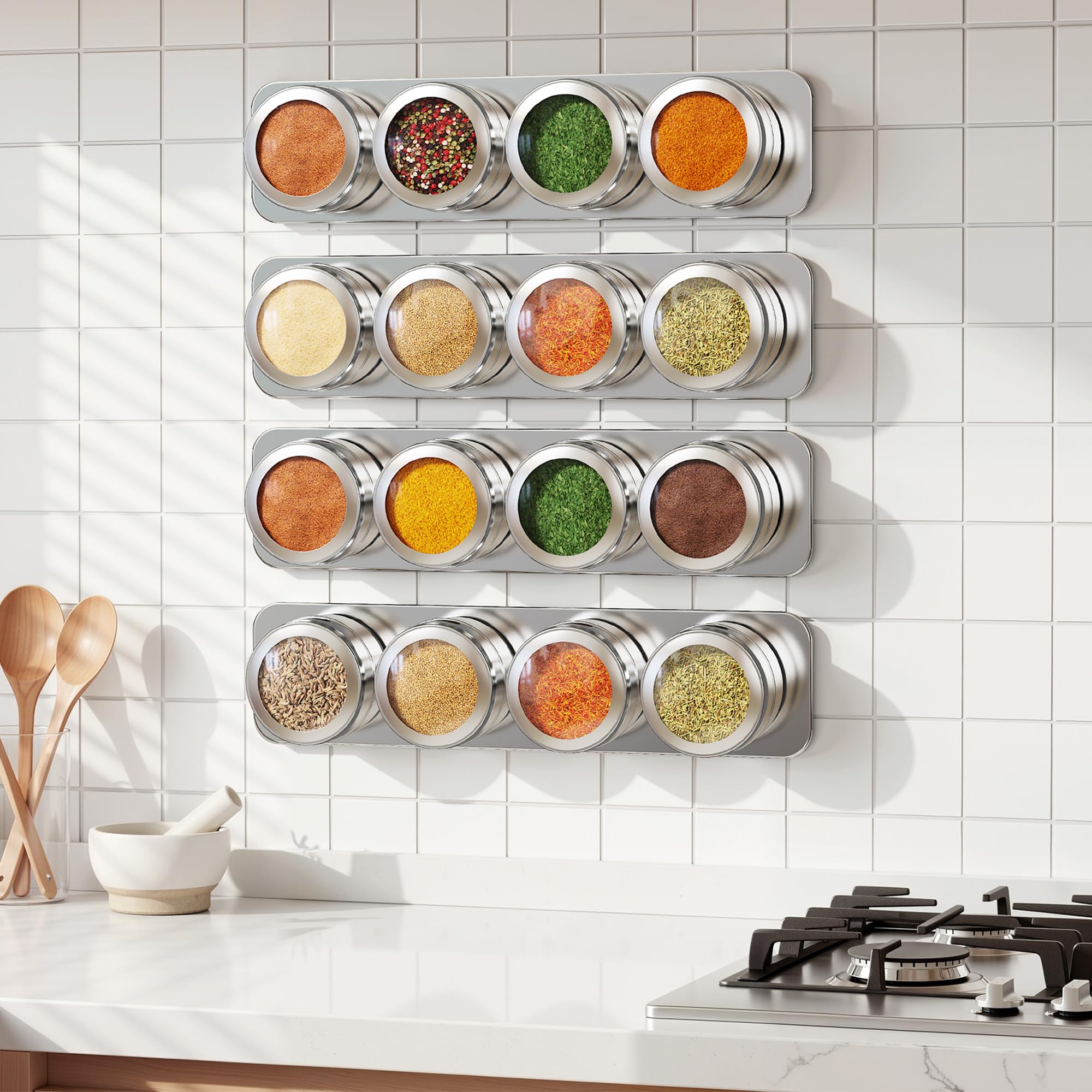 Vetacsion Set of 16 Magnetic Spice Tins with 4 Metal WallPlates,120 Preprinted Seasoning Label Stickers,2 Styles for 3 oz Herb 