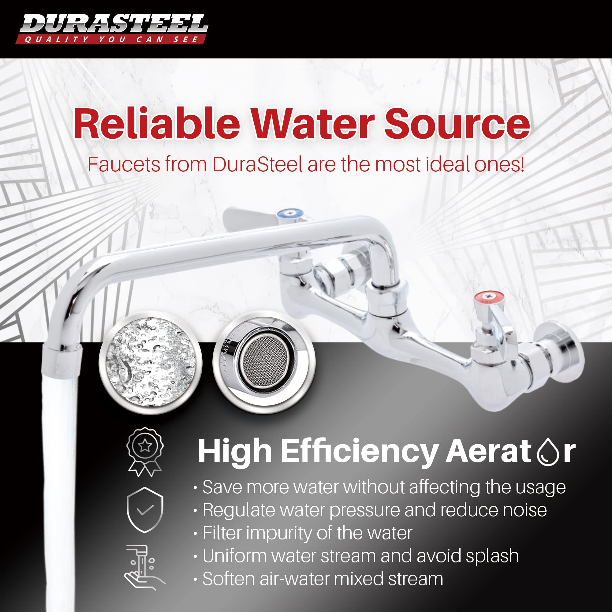 Kitchen Sink Faucet Wall Mount - Durasteel 8'' Center Commercial Kitchen Sink Faucet With 10'' Swivel Spout - Dual Lever Handles
