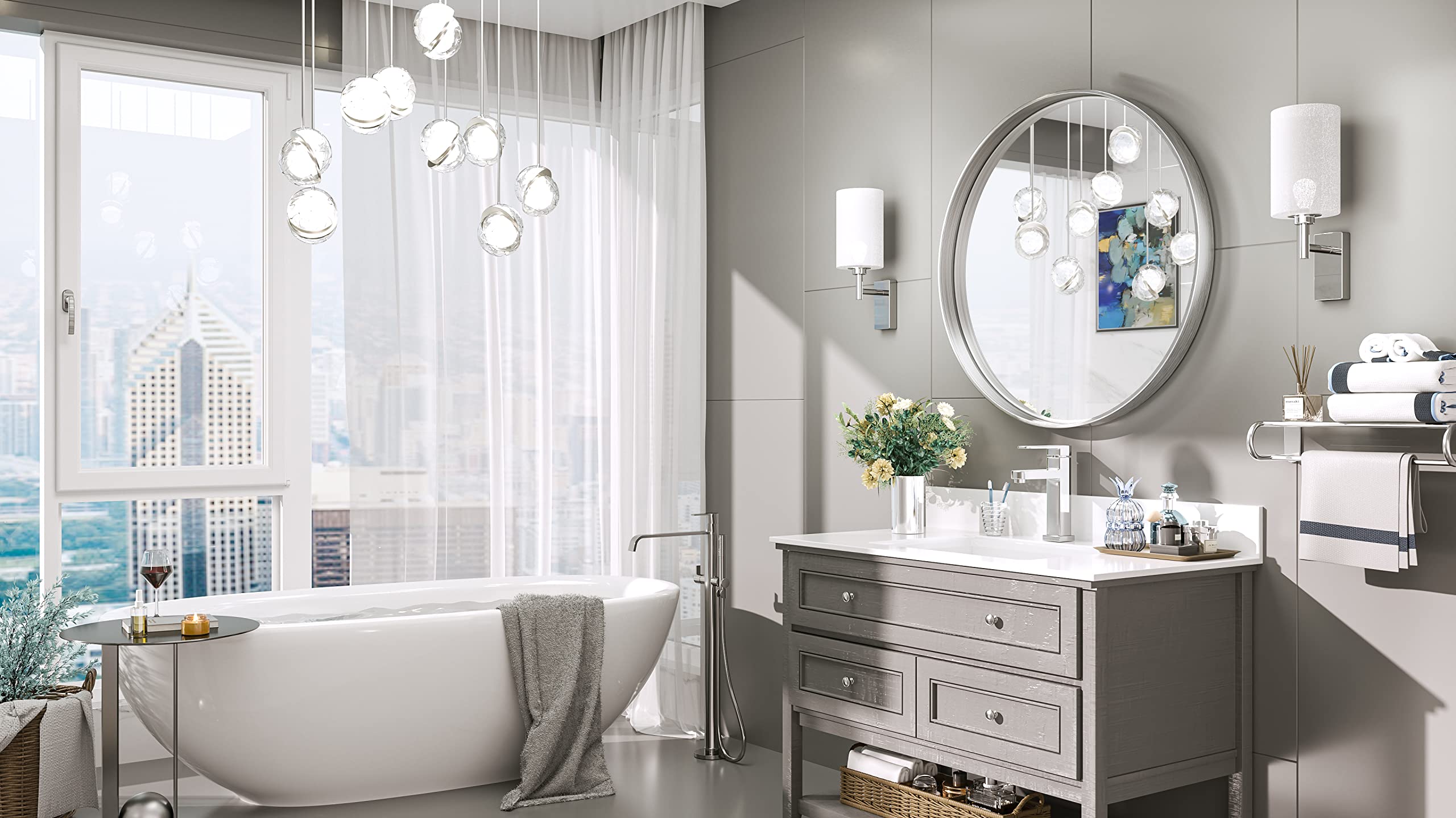 Tetote Silver Round Mirror For Bathroom, 24 Inch Modern Circle Mirrors, Wall Mounted Brushed Nickel Metal Framed Entryway Decora