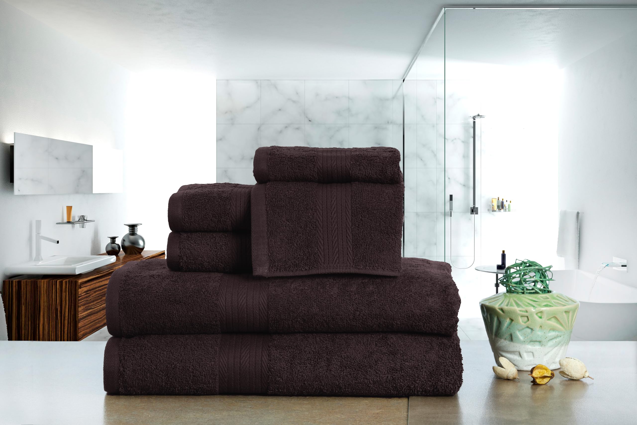 Ample Decor 100% Cotton Bathroom Towels Set of 6-2 Bath Towels  2 Hand Towels  2 Wash Cloths  Quick Drying - Brown Towel Sets