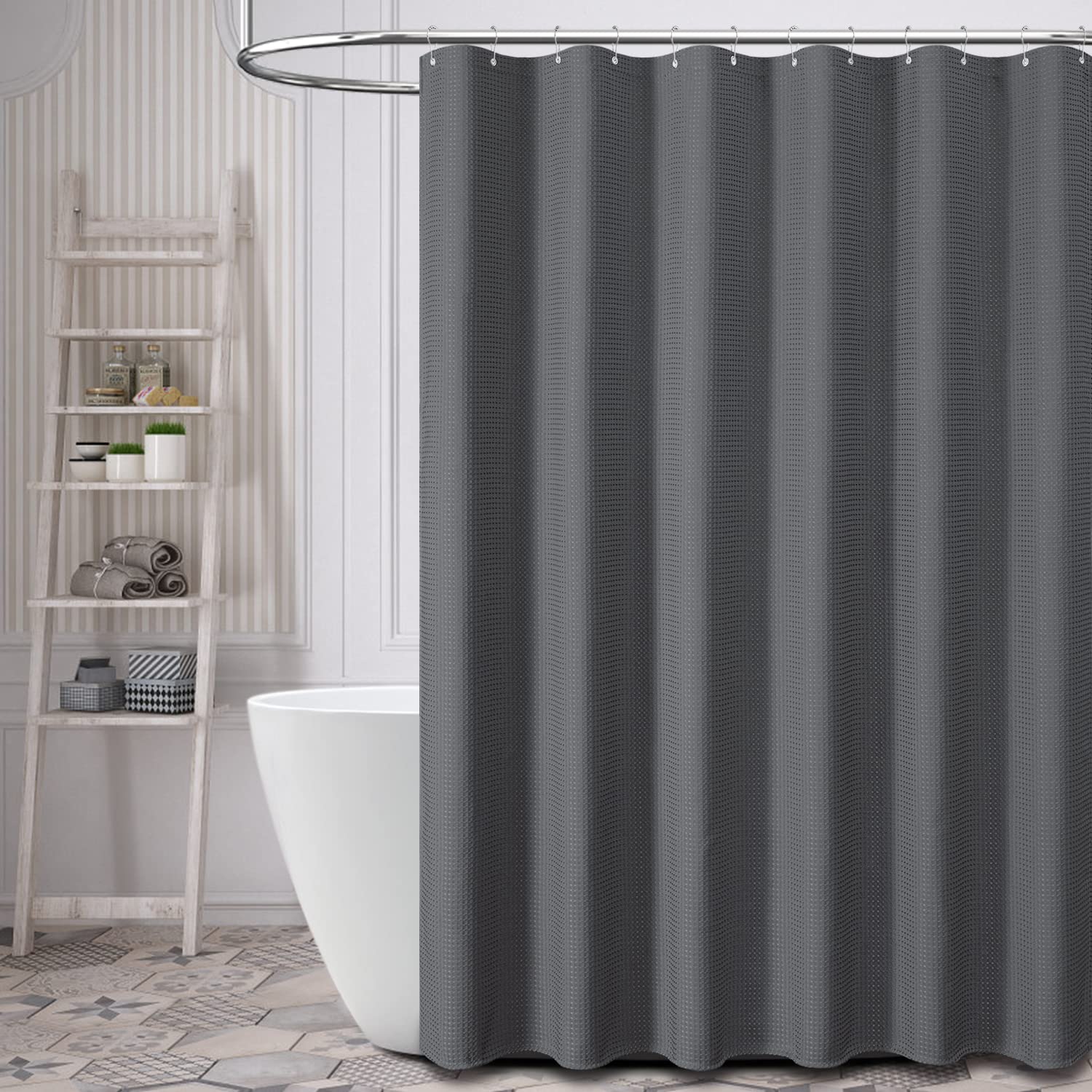 Dynamene Charcoal Grey Fabric Shower Curtain - Waffle Weave Textured Heavy Duty Cloth Shower Curtains for Bathroom  256GSM Hotel Luxury Weighted Bath Curtain Set with 12 Plastic Hooks 72x72