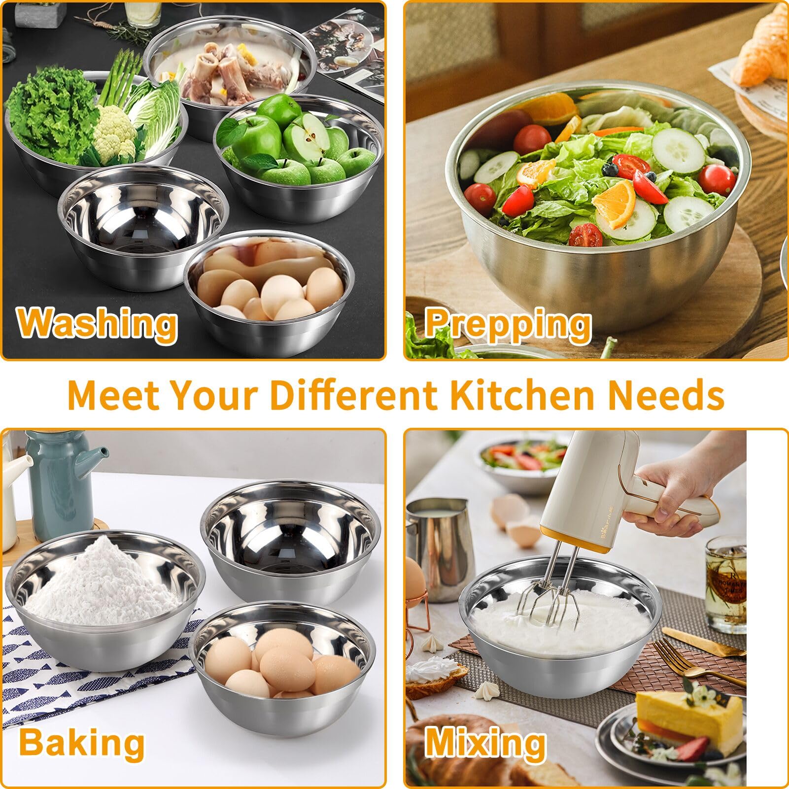 Wepsen Mixing Bowls With Lid Set, 27Pcs Kitchen Utensils Metal Bowl Stainless Steel Nesting Bowls, Measuring Cups And Spoons, Eg