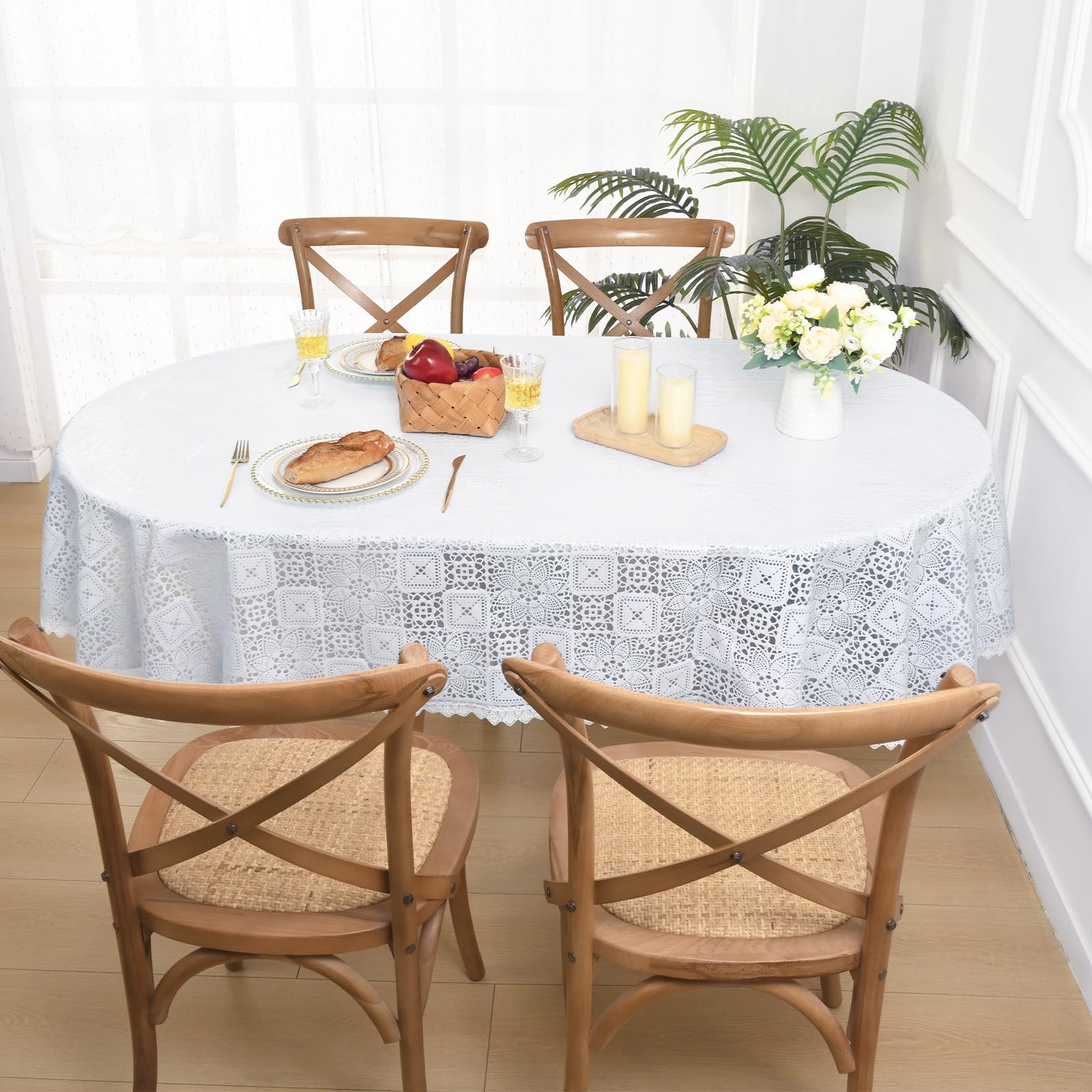 Likiyol White Vinyl Tablecloth, Oval Lace Tablecloth, Heavy Duty Vinyl Table Cloth, Stain-Resistant Wipeable Table Protector For