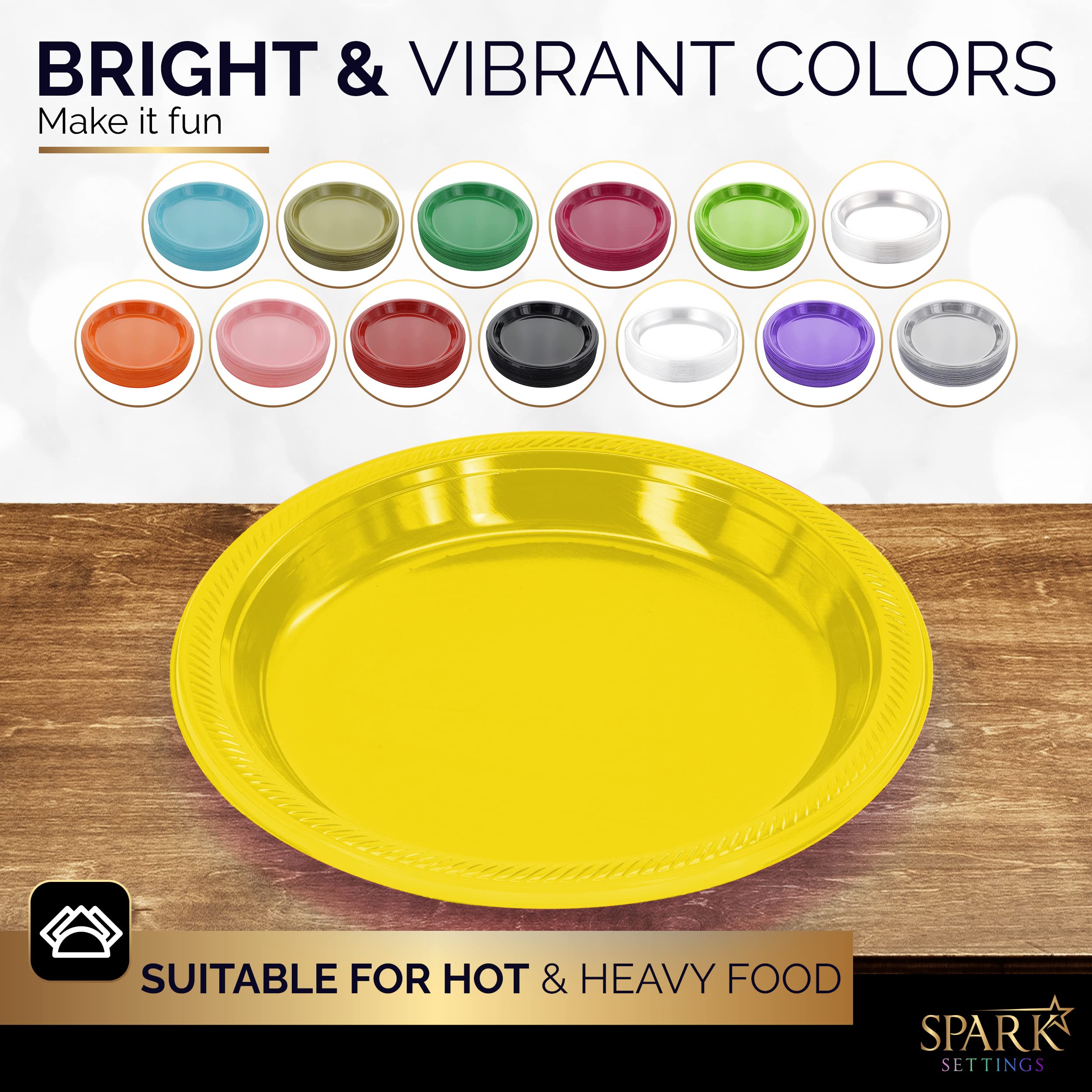 Amcrate Disposable Plastic Plates Yellow  10.4 Inches Plastic Dinner Plates  Strong and Sturdy Disposable Plates for Party  Dinner  Holiday  Picnic  or Travel Party Plates  Pack of 50