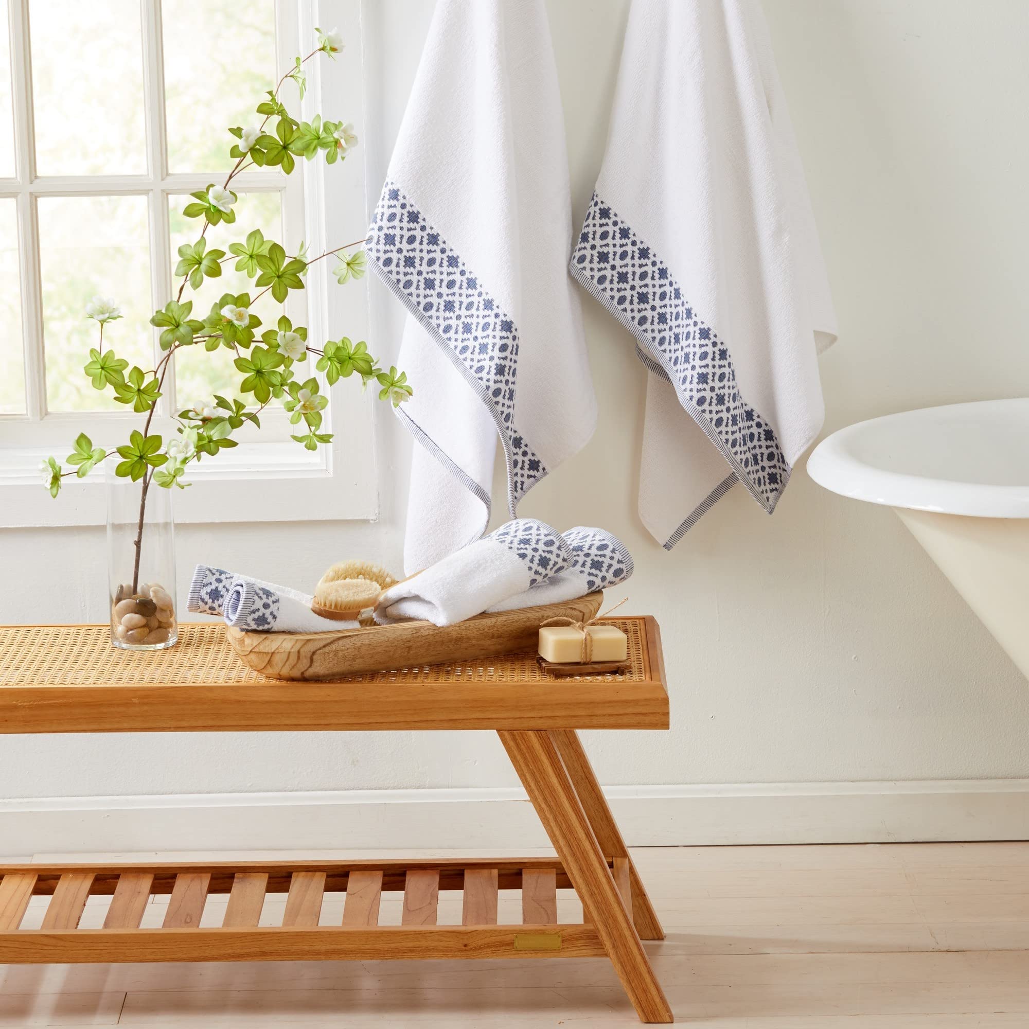 Market & Place 100% Cotton Luxury Hand Towel Set  Super Soft and Highly Absorbent  Textured Decorative Border  Includes 6 Hand Towels  Nitra Collection (White/Navy)
