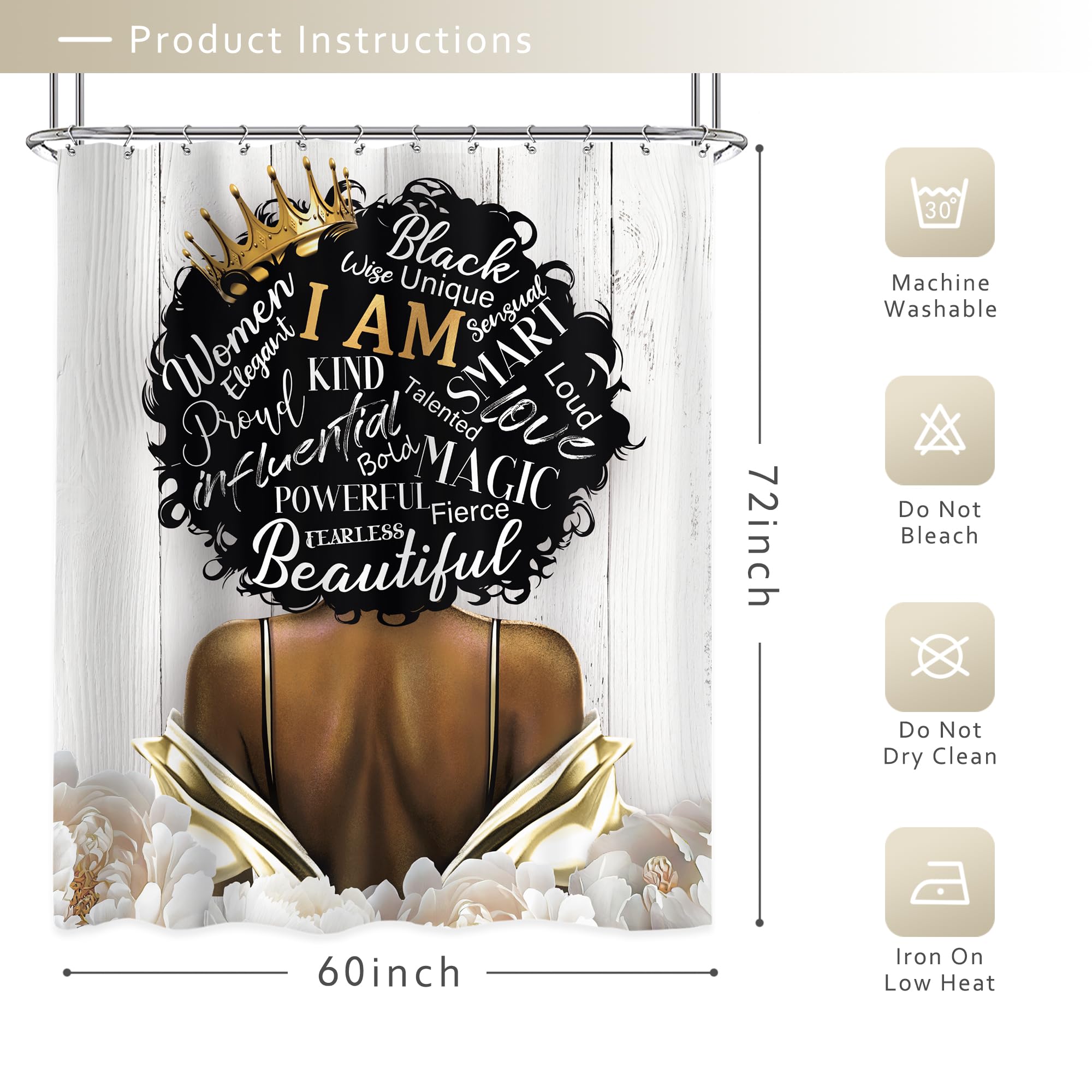Riyidecor African American Shower Curtain 60Wx72H Inch Black Girl Woman Motivational Floral Inspirational Quotes Words Flowers Plank Rustic Bathroom Decor Fabric Polyester Waterproof 12 Pack Hooks