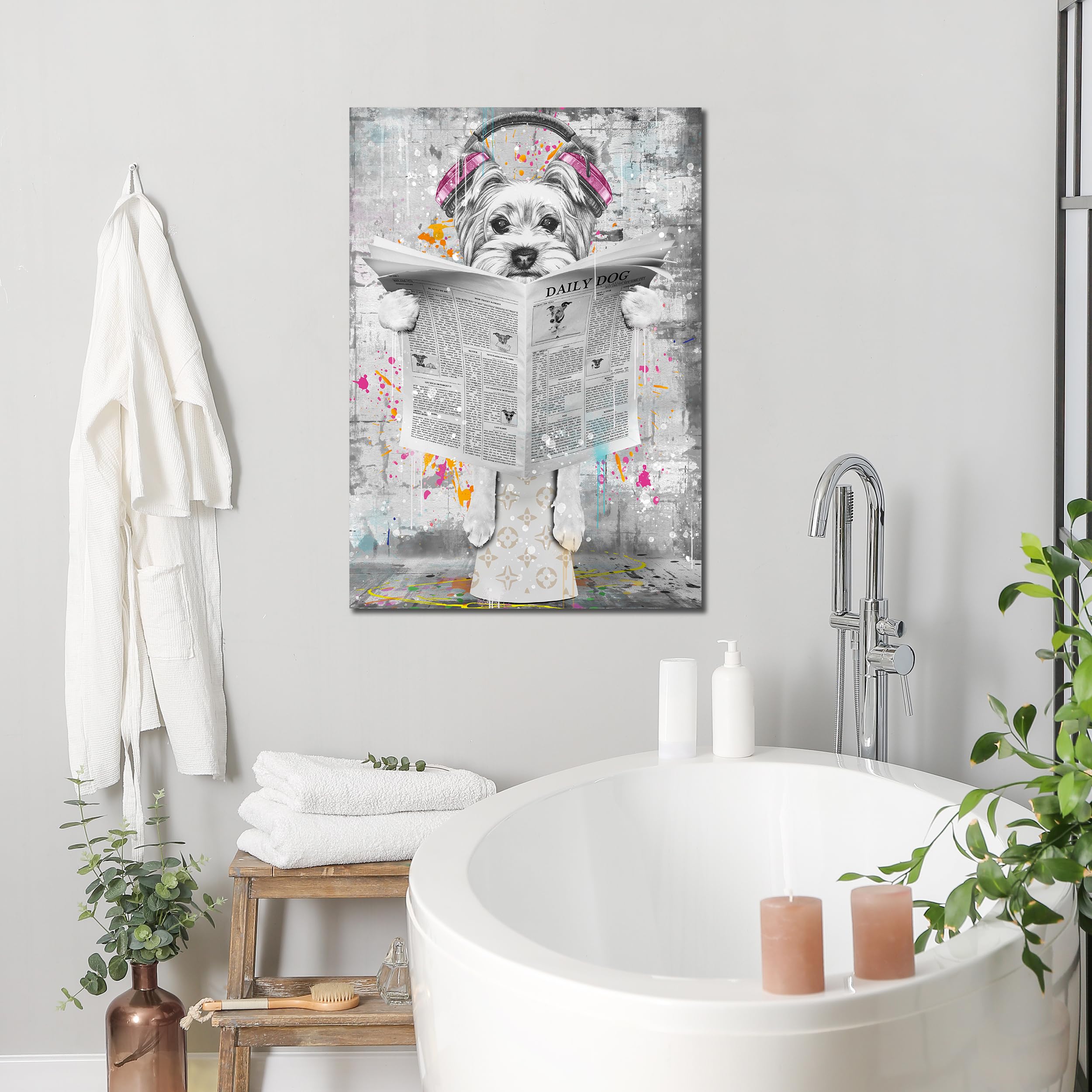 Entanub Bathroom Wall Art, Funny Graffiti Dog Canvas Print Painting For Bedroom, Black And White Picture Decor, Size 16X24 Inche