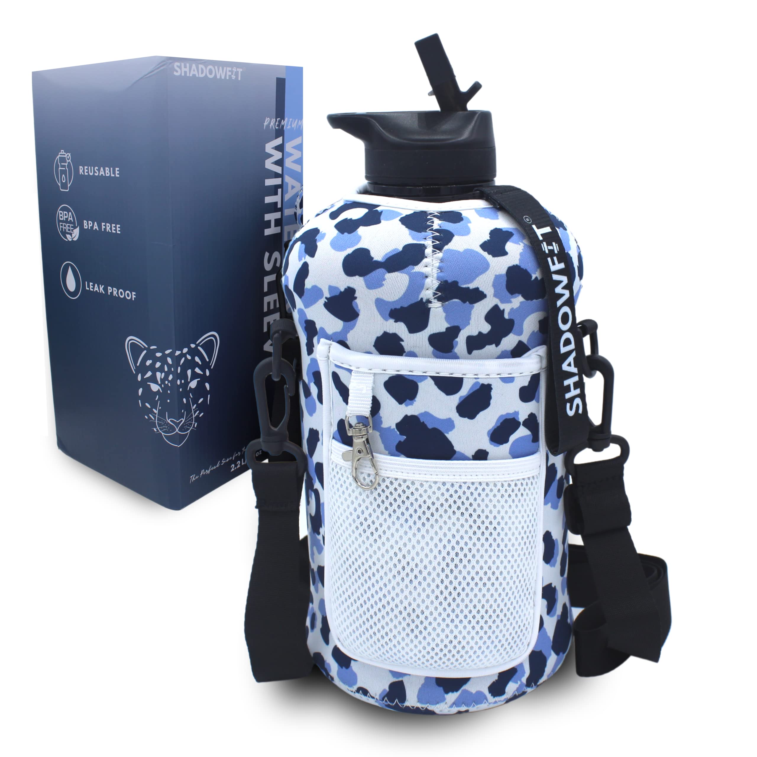 Shadowfit Half Gallon Water Bottles (74 Ounce, 2.2 Liter) With Straw Lid Handle And Storage Sleeve - Large Jug Holder With Strap