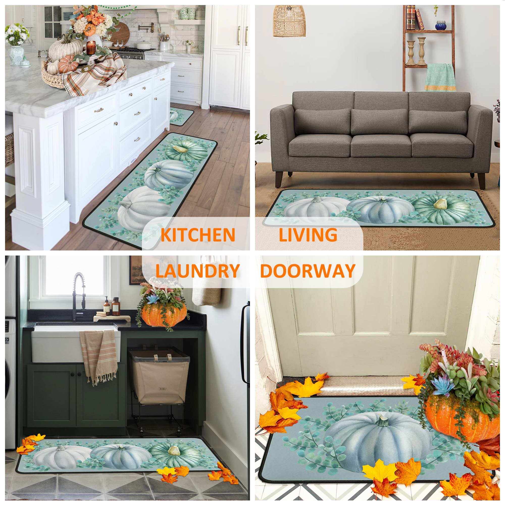 Blue Pumpkin Decorative Fall Kitchen Rugs Set of 2, Autumn Harvest Pumpkin Thanksgiving Front Door Mat Floor Rug for Fall Home H