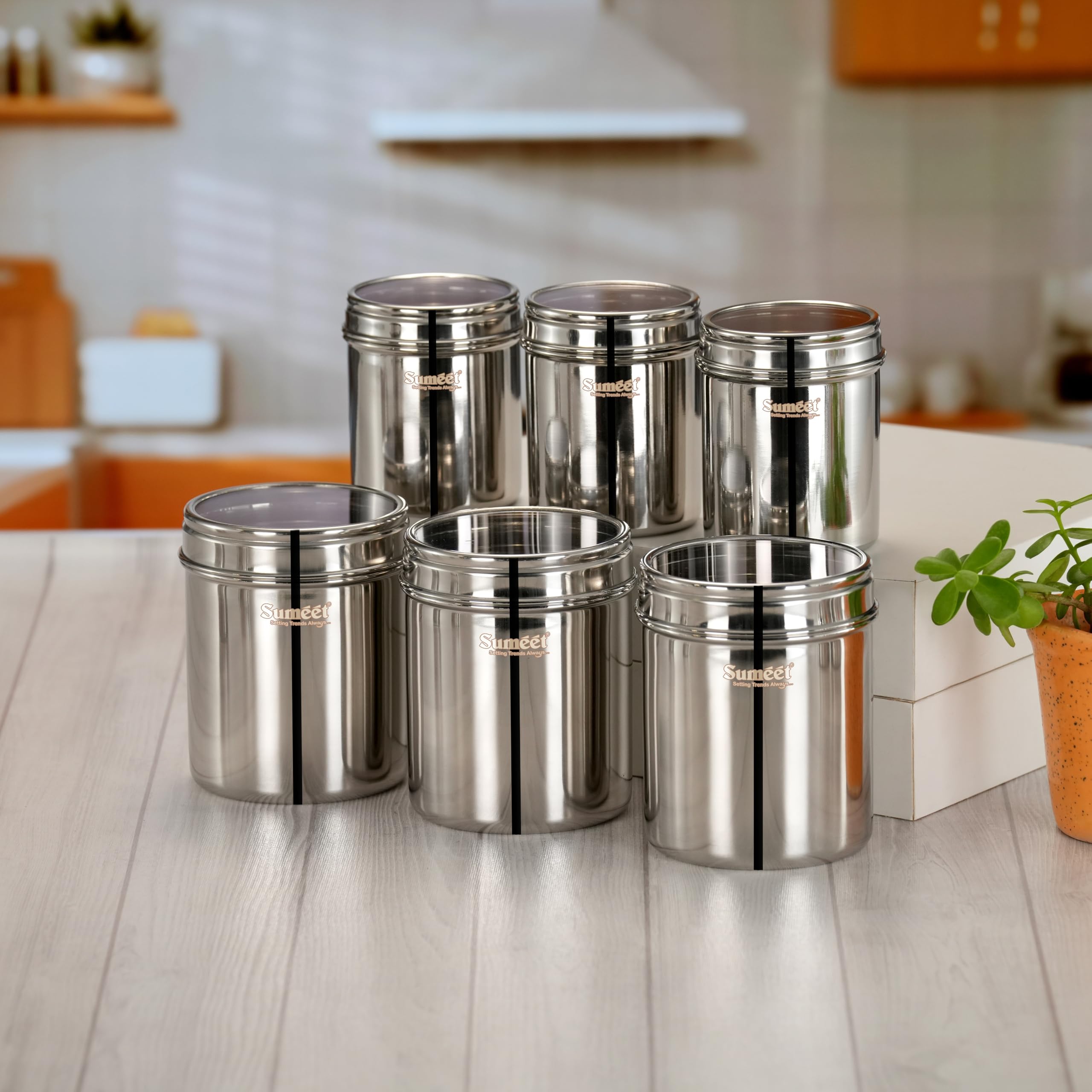 Sumeet Stainless Steel Small Containers Jars Dabba For Kitchen Storage With See Through Lids - Set Of 6Pcs  400Ml + 750Ml Capacity  7.3Cm & 9Cm Dia  Silver