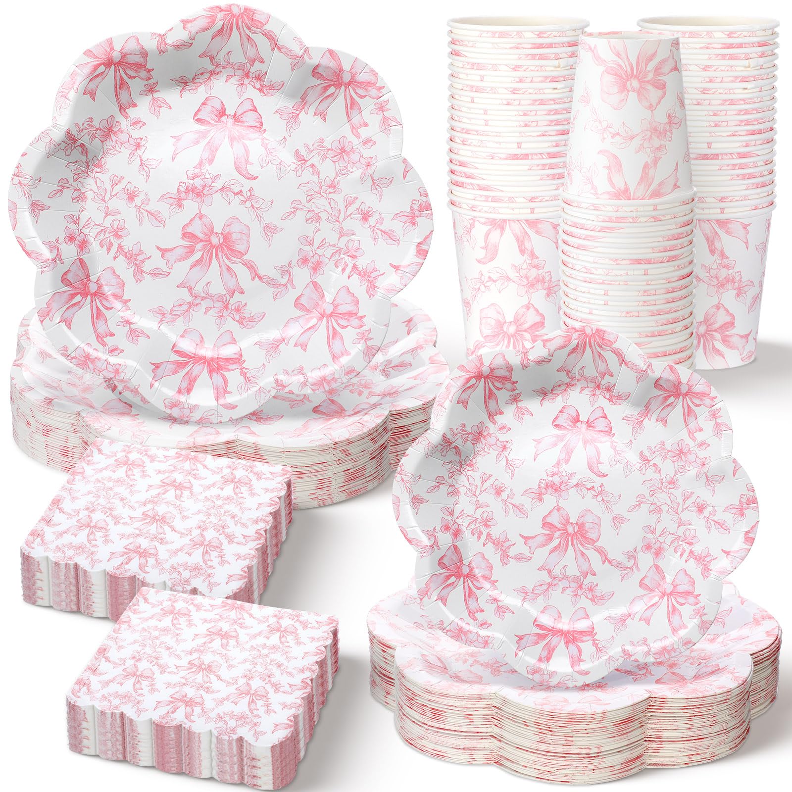 Newtay 250 Pcs Pink Bow Paper Plates and Napkins Coquette Party Supplies Disposable Tableware Set for 50 Guests Pink Bow Paper P