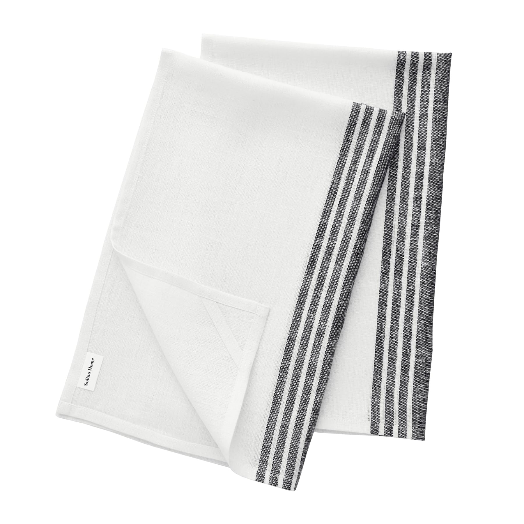 Solino Home Linen Kitchen Towels Set of 2 - Black and Natural 17 x 26 Inch - 100% Pure Linen French Stripe Kitchen/Tea Towels - 