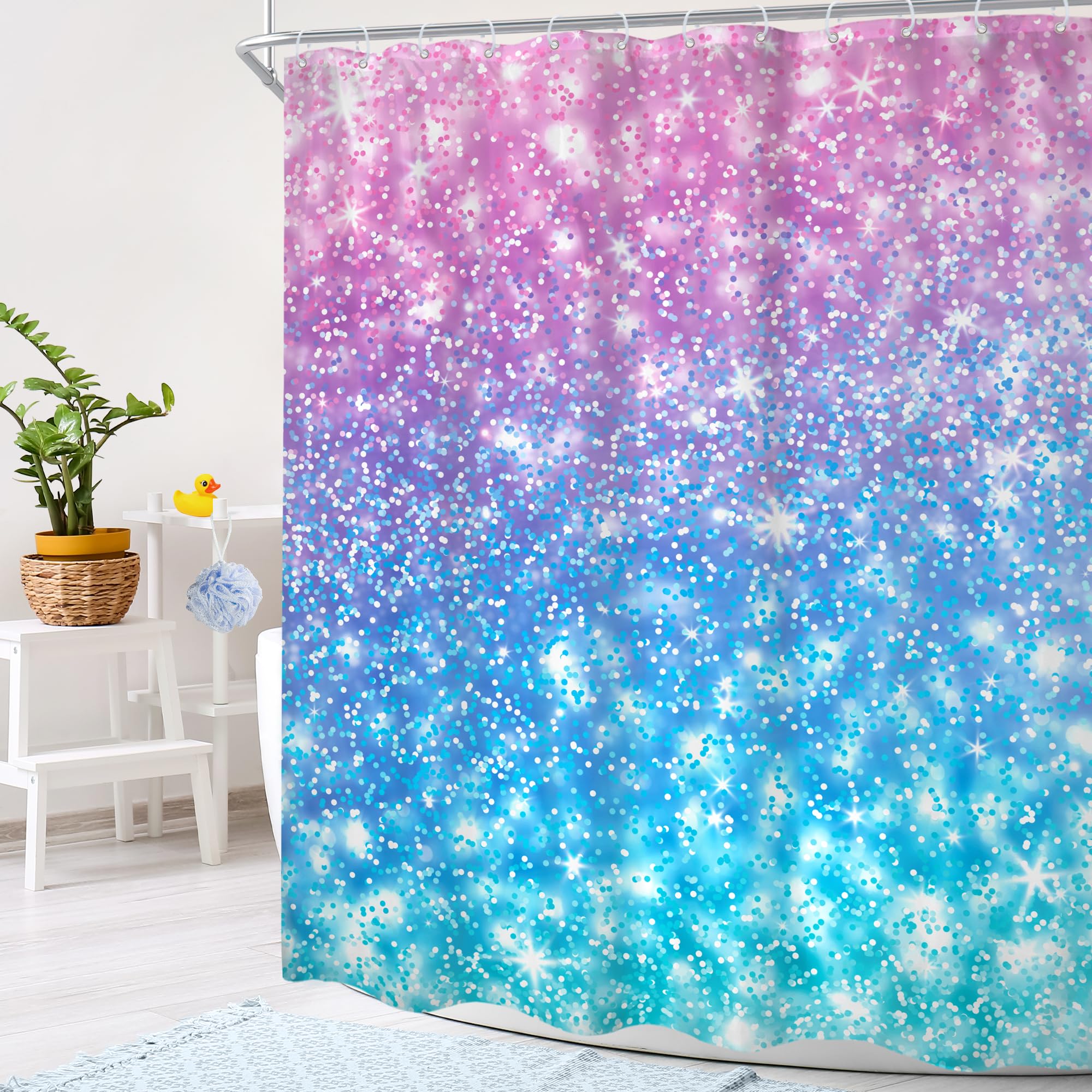 Cinbloo Kids Ombre Teal Shower Curtain 60Wx72H (Not Glitter) Colorful Turquoise Purple Shower Curtain For Girl Women Rainbow Pol