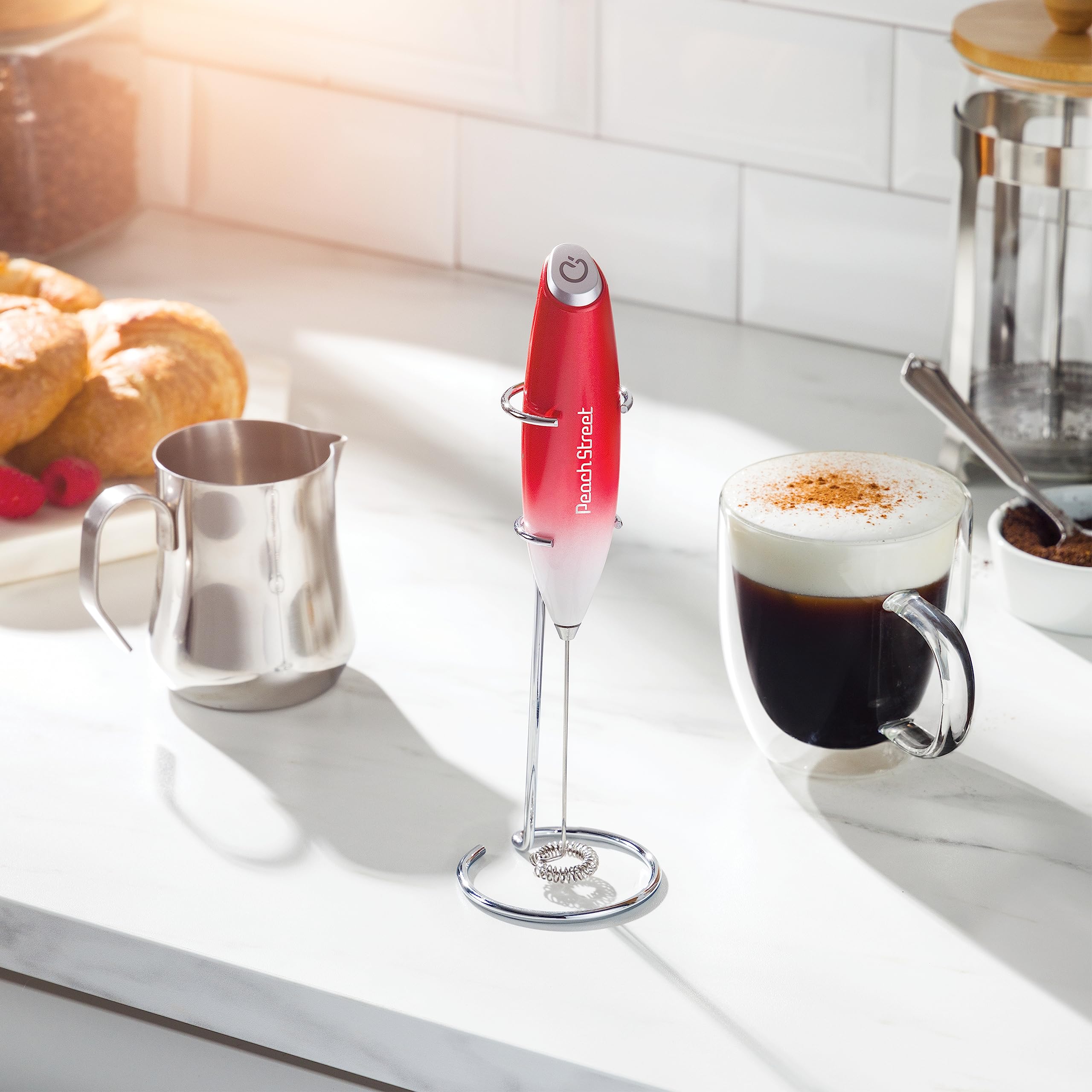 Powerful Handheld Milk Frother, Mini Milk Foamer, Battery Operated (Not included) Stainless Steel Drink Mixer with Stand for Cof
