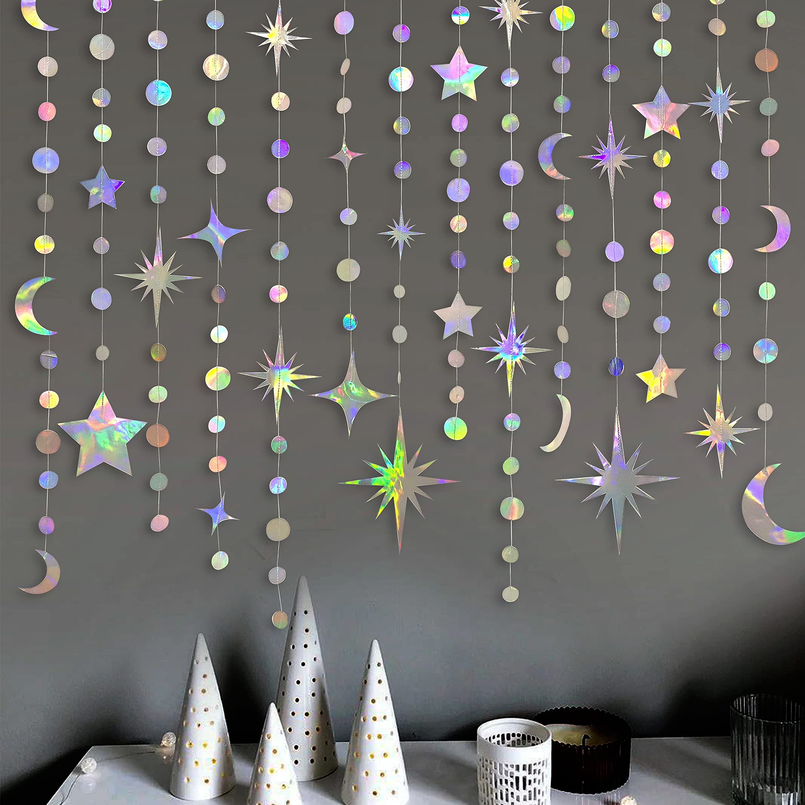 Iridescent Star Moon Circle Dot Garland Party Decoration Kit Hanging Crescent And Twinkle Little Star Streamer Bunting Banner Fo