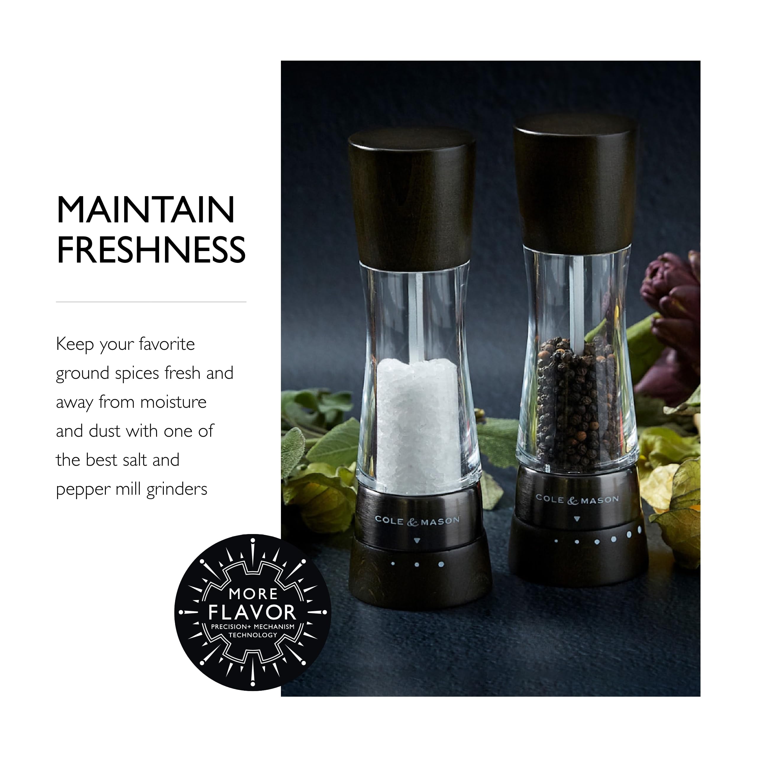 Cole & Mason H332293 Derwent Black Wood Salt And Pepper Mills, Gourmet Precision+, Adjustable Grind, Stained Beech/Acrylic, 190