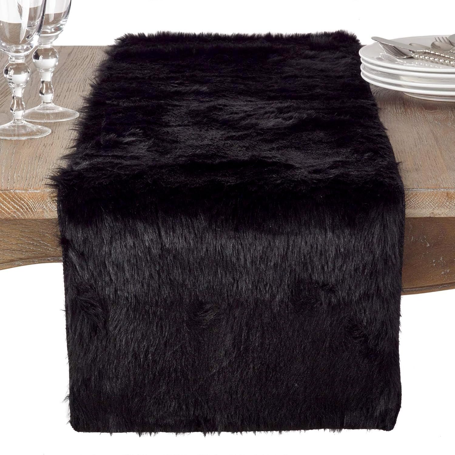 Saro Lifestyle Faux Fur Design Topper Table Runner, Black, 15''X108''