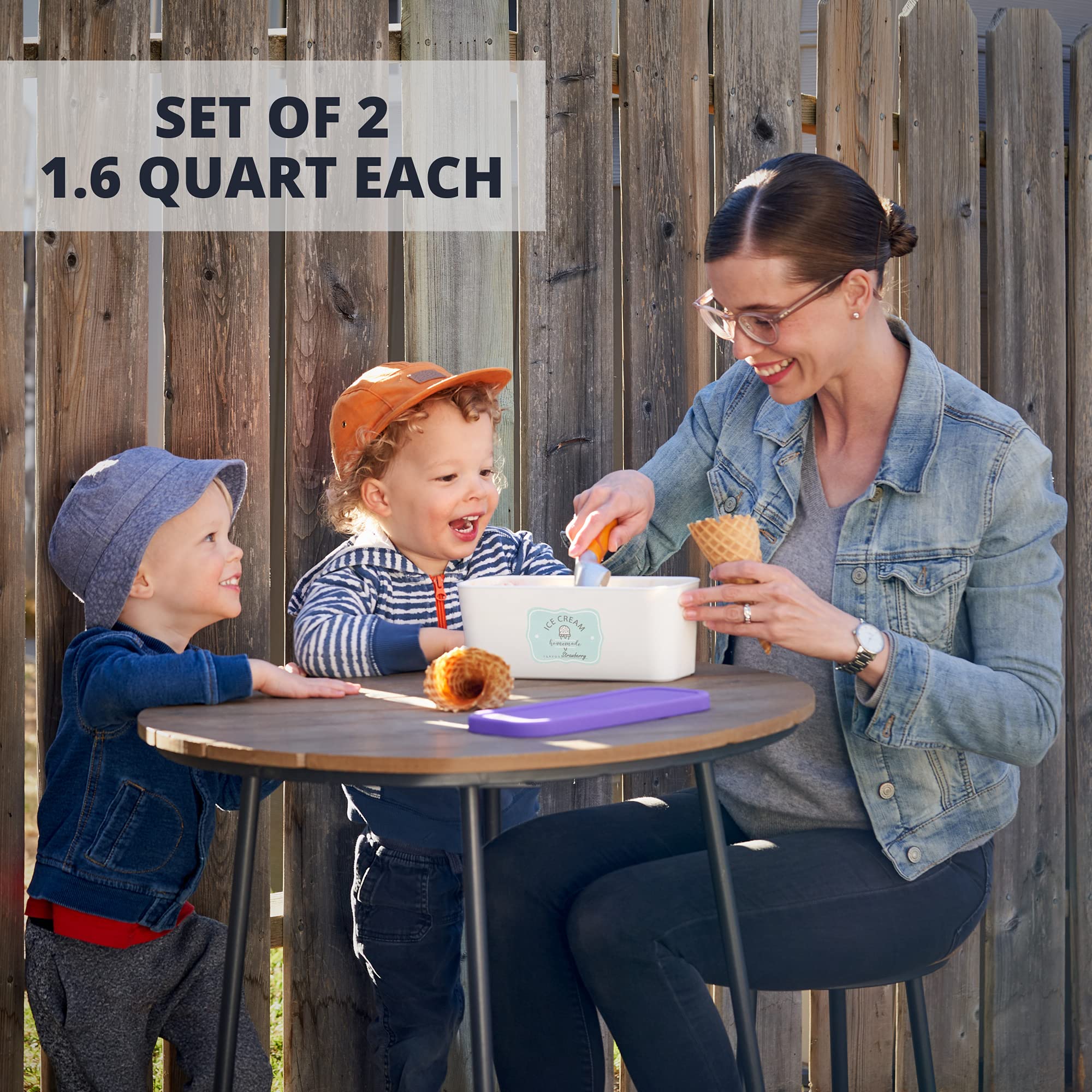 Set Of 2 Reusable Ice Cream Tub Containers 1.6 Quart Ea. - Perfect For Homemade Sorbet, Frozen Yogurt Or Gelato - Stackable Stor