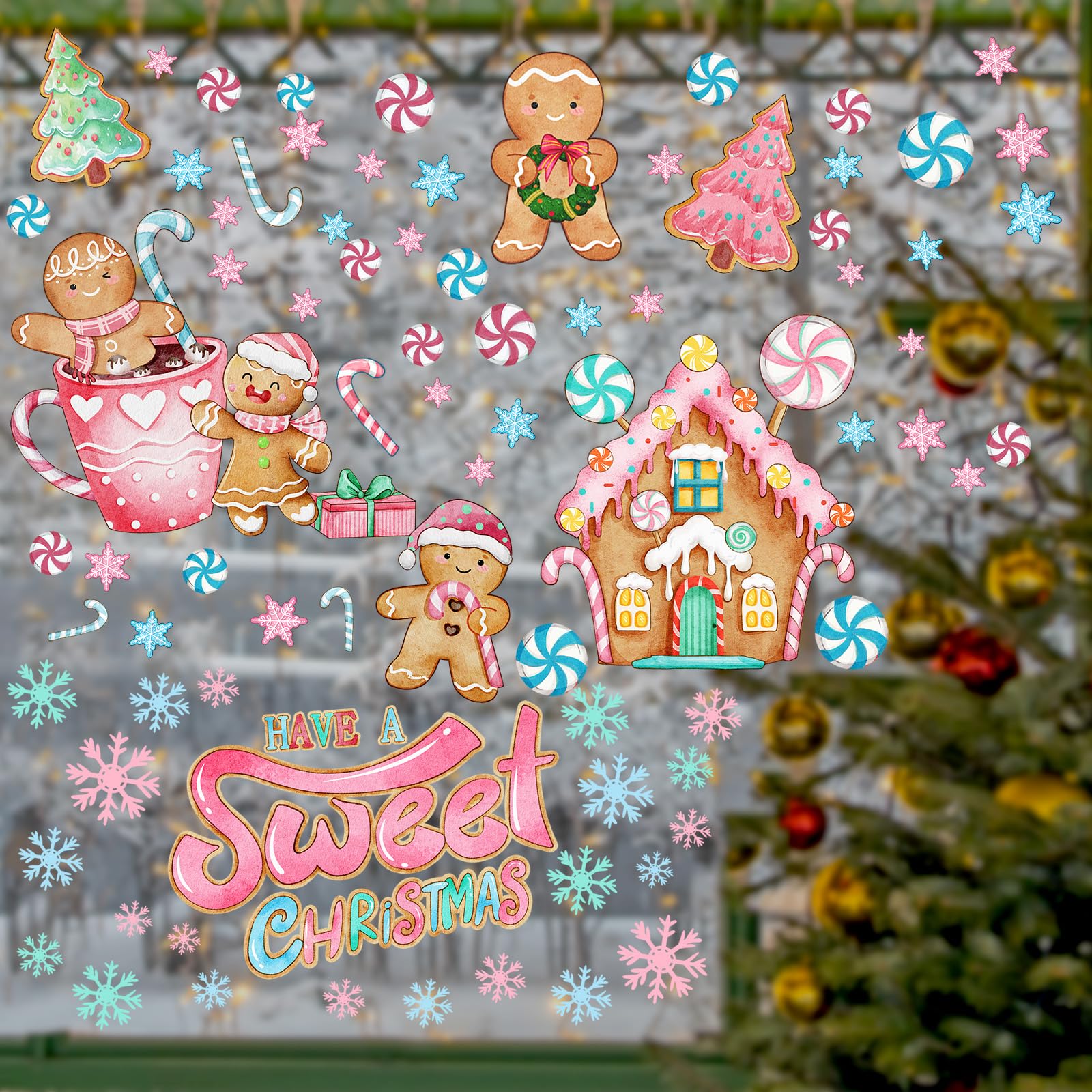 Outus 3 Sheet Christmas Wall Decal Large Pink Gingerbread Wall Decal 23.6 x 11.8 Inch, 23.6 x 17.7 Inch Christmas Window Clings