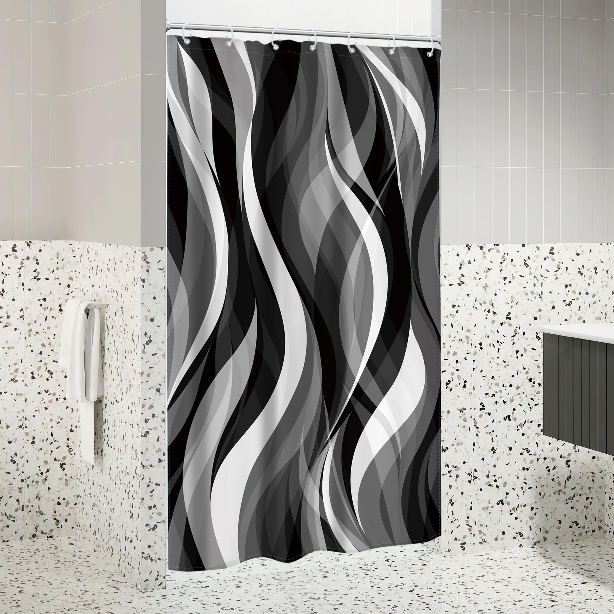 Riyidecor Stall Small Rv Black White Grey Shower Curtain Half Size Narrow Abstract Striped Minimalist Geometric Modern 36Wx72H I